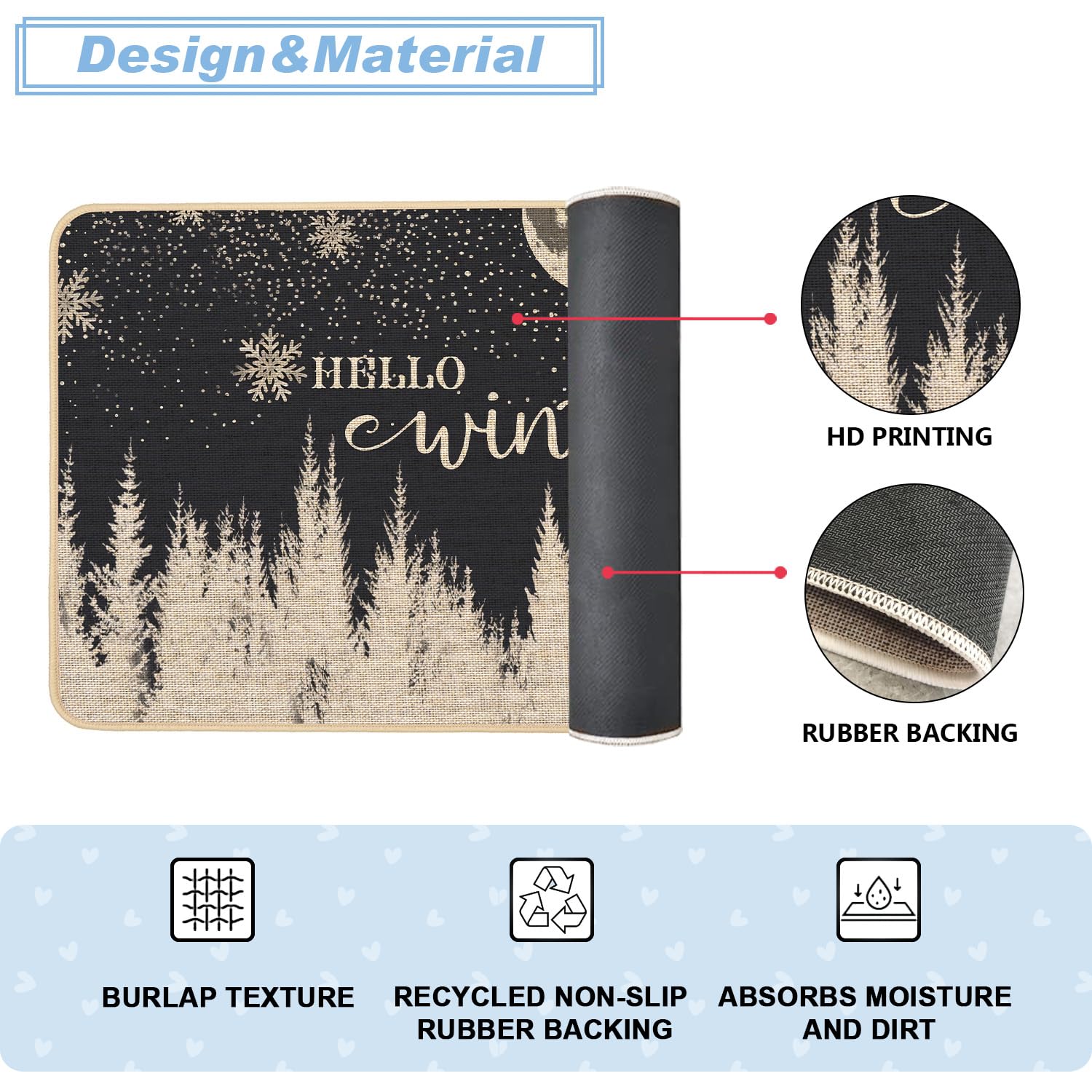 Baccessor Fußmatte mit Aufschrift "Hello Winter Night Welcome", Schneeflocke, Wald, dekorative Fußmatte für drinnen und draußen, Weihnachtseingang, rutschfeste Gummi-Rückseite, Vordermatte, Küche,