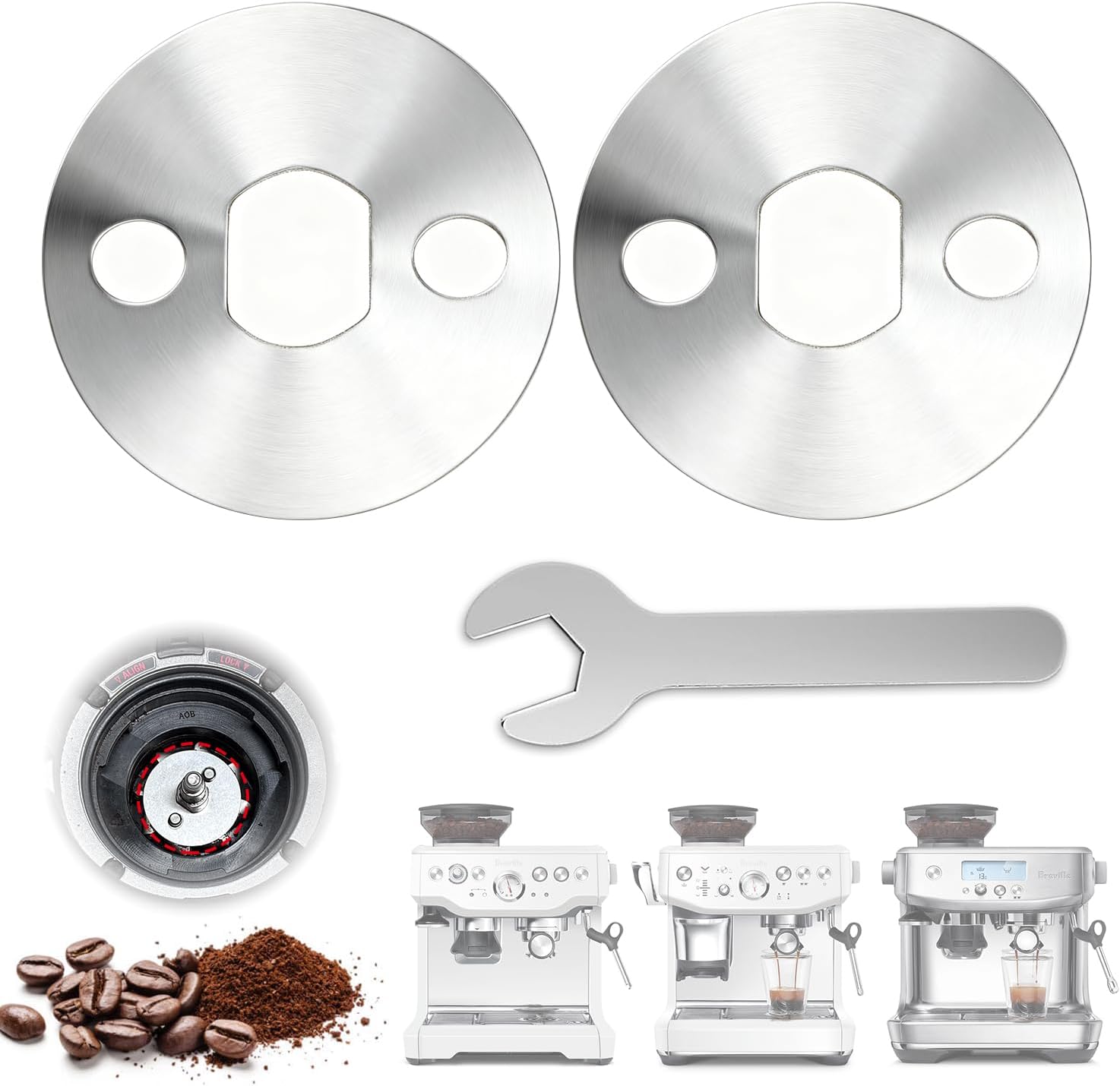 Espresso Machine Grinder Blade Disc Gasket for Coffee Powder Finer Grinding, Stainless Steel Cutterhead Pad for Breville Espresso Machine 8 Series, Including Wrench, 2PCS