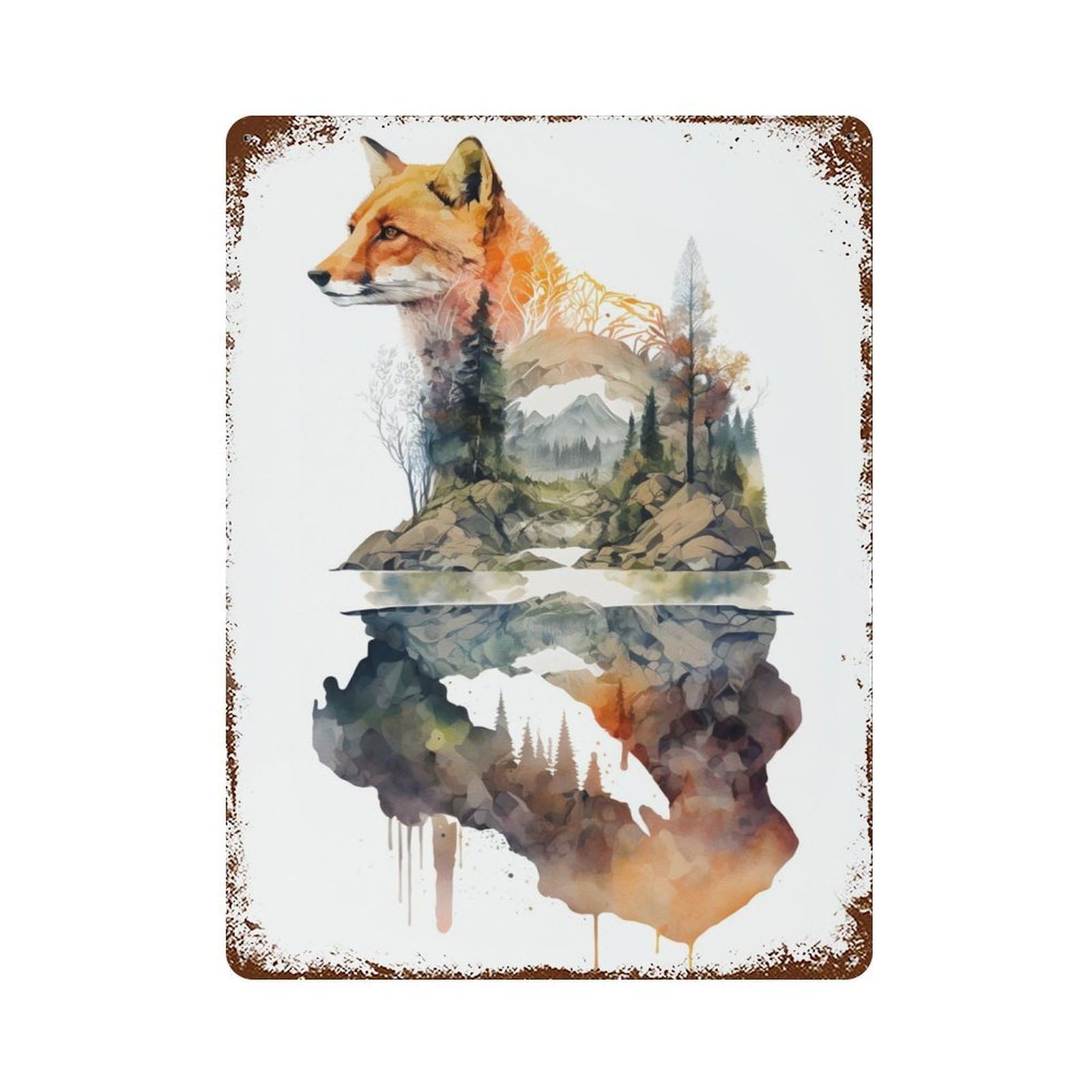 Distressed Metal Wall Sign with Fox Watercolors 2 Design 15.7"x11.8", for Office, Studio And Wall Decor, Industrial Home Decor