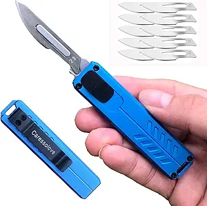 Automatic Utility Knife, Safety Black Box Cutter Retractable, EDC Push Button Knife, Exacto Scalpel Knife, 10PCS #23 Razor Blades Pocket Knife with Clip (Blue)