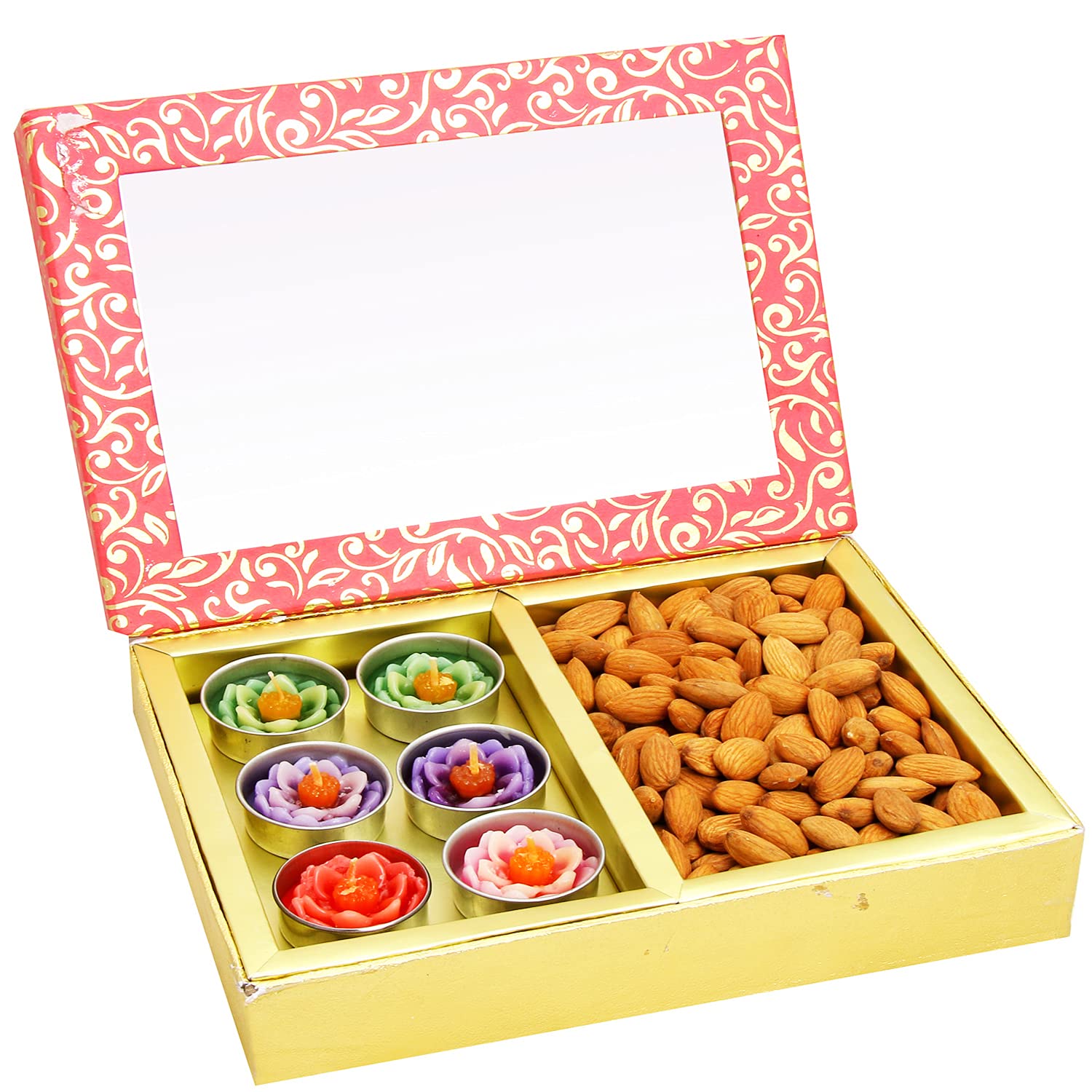ghasitaram gifts - dry fruits hamper -pink 2 part almonds and t-lites box |gift hamper| diwali gift hamper|food hampers|gourmet hampers|