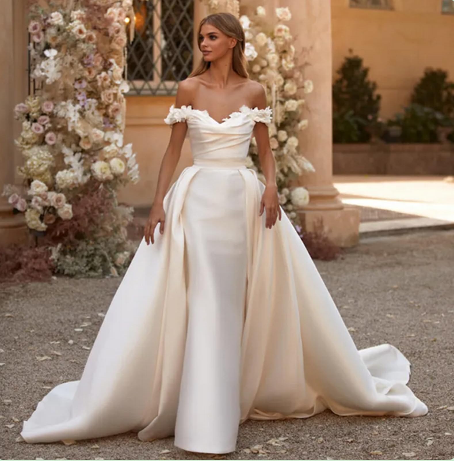 TSxuelian Abito da sposa a sirena in raso da donna con spalle scoperte con treno staccabile Gonws da sposa