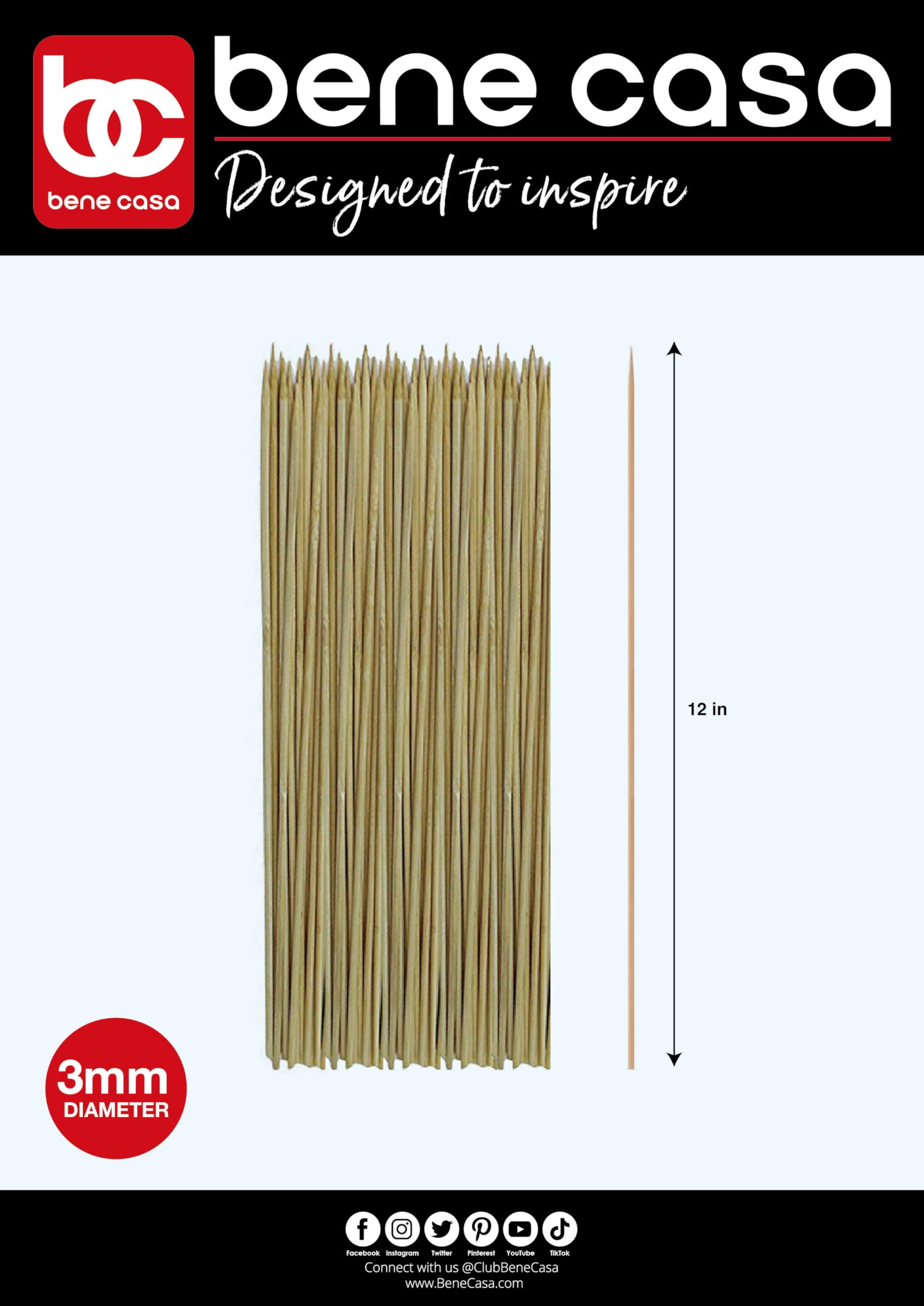 Bene Casa 100-Piece Bamboo Skewer Pack, 12in Bamboo Skewers, 100% Natural Bamboo, Eco-Friendly Skewers, Food Grade Skewers for Cooking