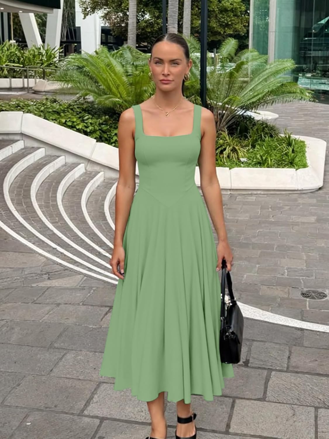 Kaximil Women's Square Neck Sleeveless A Line Maxi Dress Smocked Ruffle Flowy Casual Long Dresses - Image 4