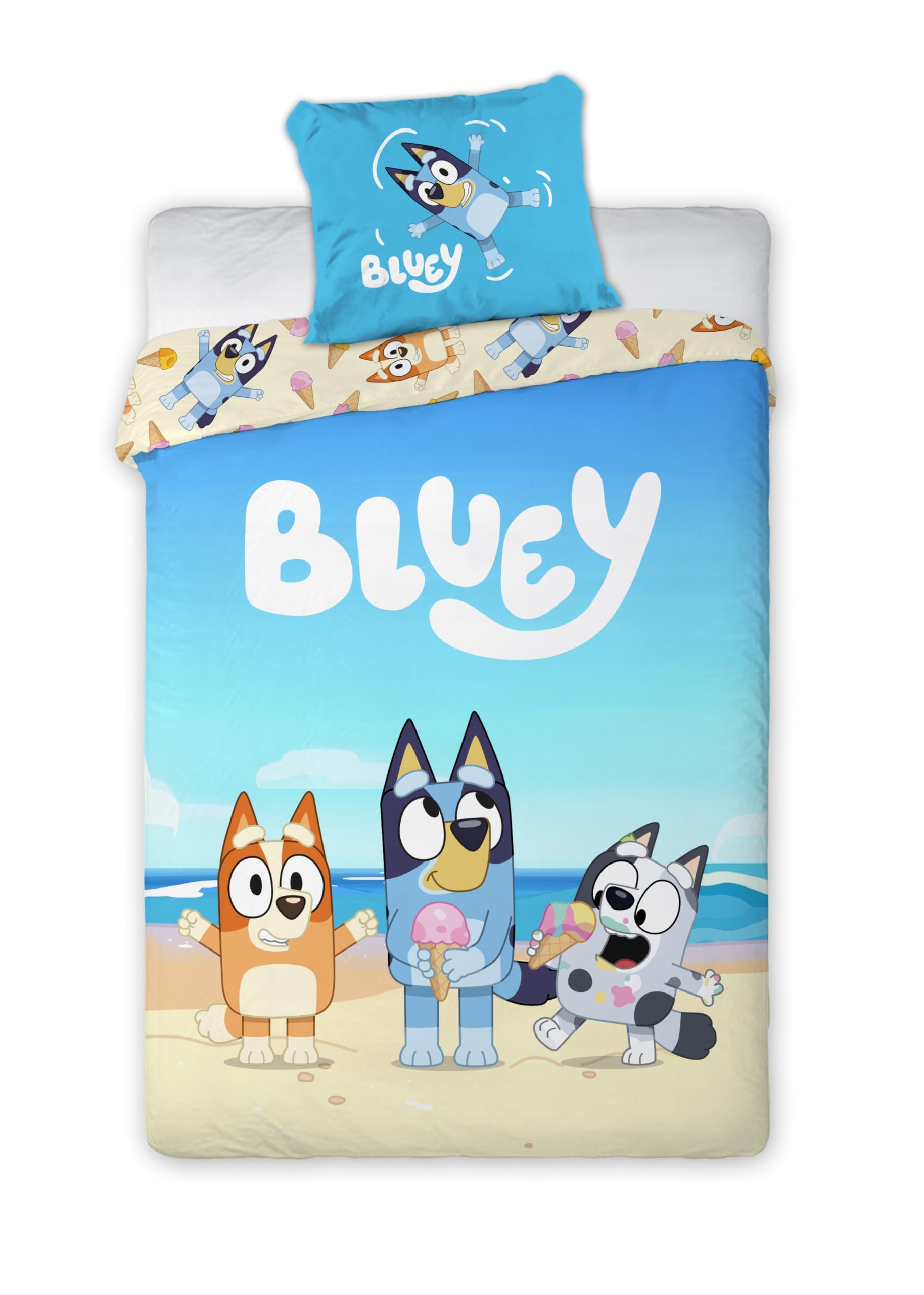 BrandMac Bluey Kids Bedlinen Set | Single Size Duvet Cover 140x200 cm with Pillowcase 50x70 cm | Official Bluey Bedding Set | Blue Cartoon Design for Children’s Single Beds