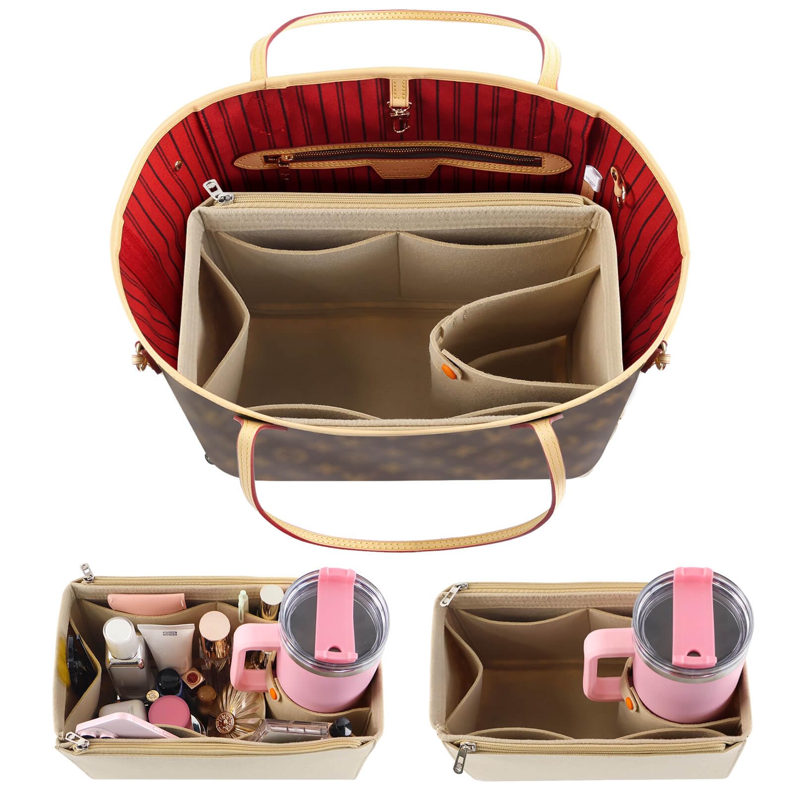 Tote Bag Purse Organizer Insert Pouches Fit for Neverful GM, Beige Handbag Organizer with Water Bottle Holder Compatible with Stanley Cup, Purse