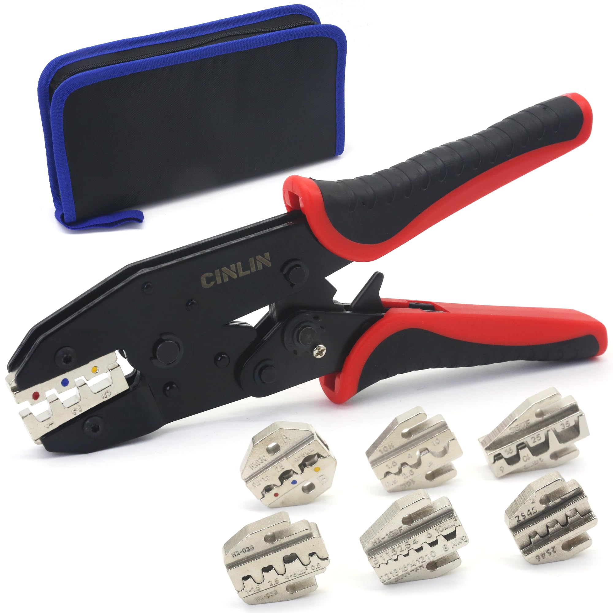 CINLIN Ratcheting Wire Crimping Tools Set,For Heat Shrink Terminals, Non-Insulated, Open Barrel, Solar Conncetors, Insulated and Non-Insulated Ferrules,Crimping pliers + 6-jaw set,Crimp tool