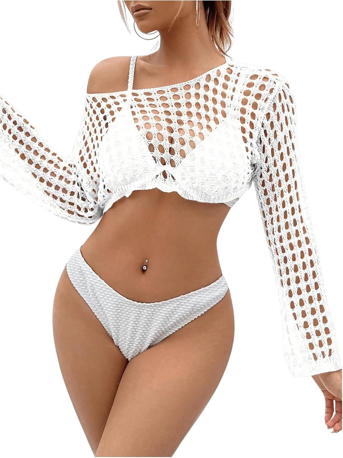 SHENHE Women's Crochet Hollow Out Drop Shoulder Sweater Sheer Long Sleeve Sweater Top - Image 3