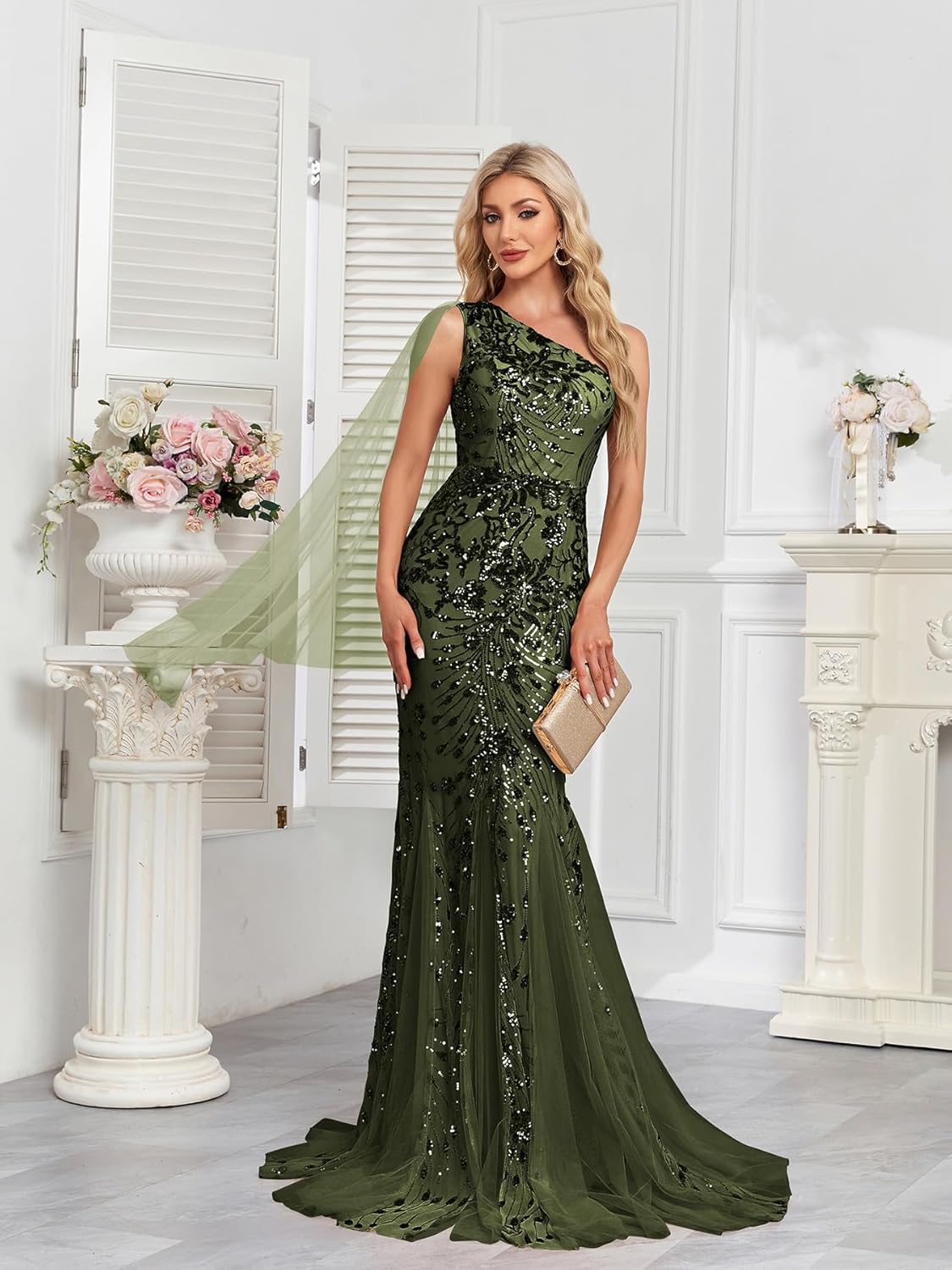 One Shoulder Glitter Mermaid Dress for Mother of The Bride Women's Sexy Sequin Formal Gown - Image 4