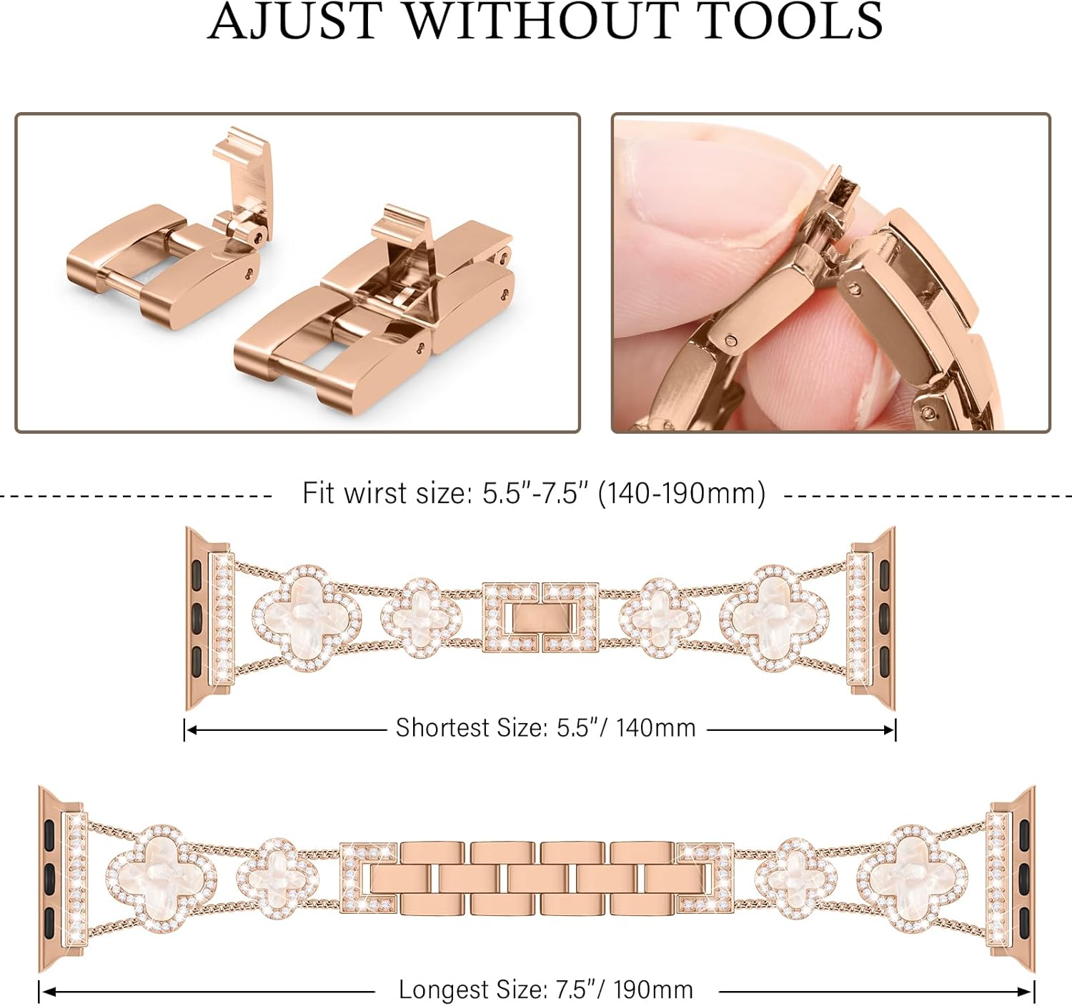 Tasikar Bling Diamond Women Band Compatible with Apple Watch Band 49mm 46mm 45mm 44mm 42mm 41mm 40mm 38mm Ultra SE Series 11 10 9 8 7 6 5 4 3 2 1 Lucky Clover Dressy Replacement Bracelet (Rose Gold) - Image 5
