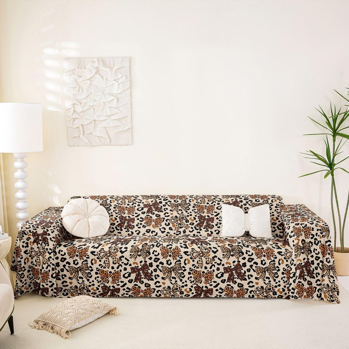 Homewish kokardka pokrowiec na kanapę 231 x 340 nadruk w panterkę narzuta na sofę geometryczna wstążka kokarda kanapa ochraniacz geparda afrykańskie zwierzę safari sofa pokrowiec