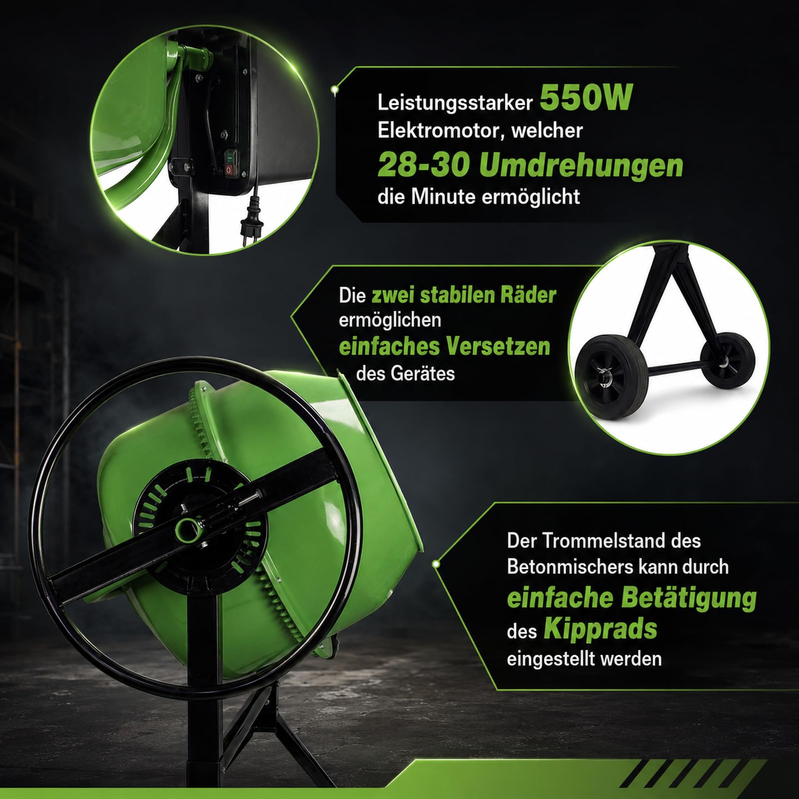 TRUTZHOLM Betonmischer mit 140 Litern Fassungsvermögen 550 Watt Drehzahl 30 U/Min, langlebig, robust, Zahnräder aus Guss, Zementmischer für Beton, Mörtel, Gips, Saat
