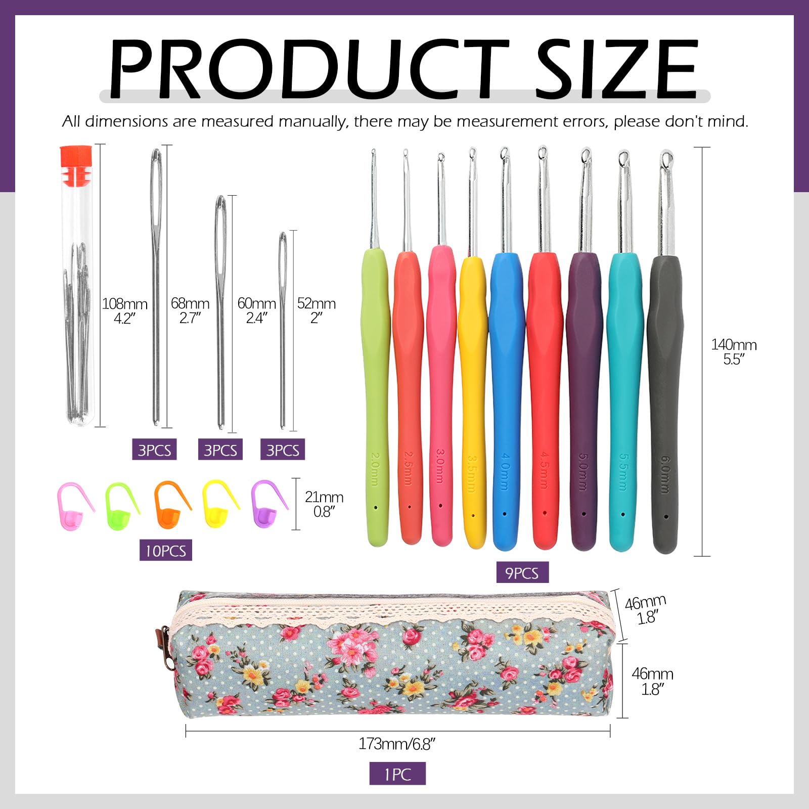 Set 29 Pièces Crochet Swpeet - 9 Tailles Aiguilles + Aiguilles à Fil + Marqueurs + Étui | Ergonomique Multicolore