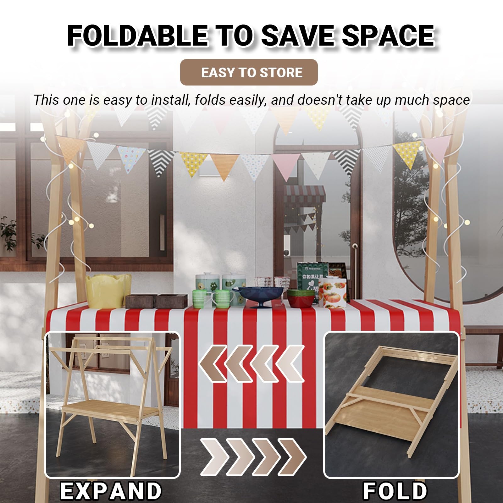 Carrito de madera portátil con toldo, cabina de venta de alimentos plegable al aire libre, carrito de empuje, mesa de exhibición para vender aperitivos y bebidas