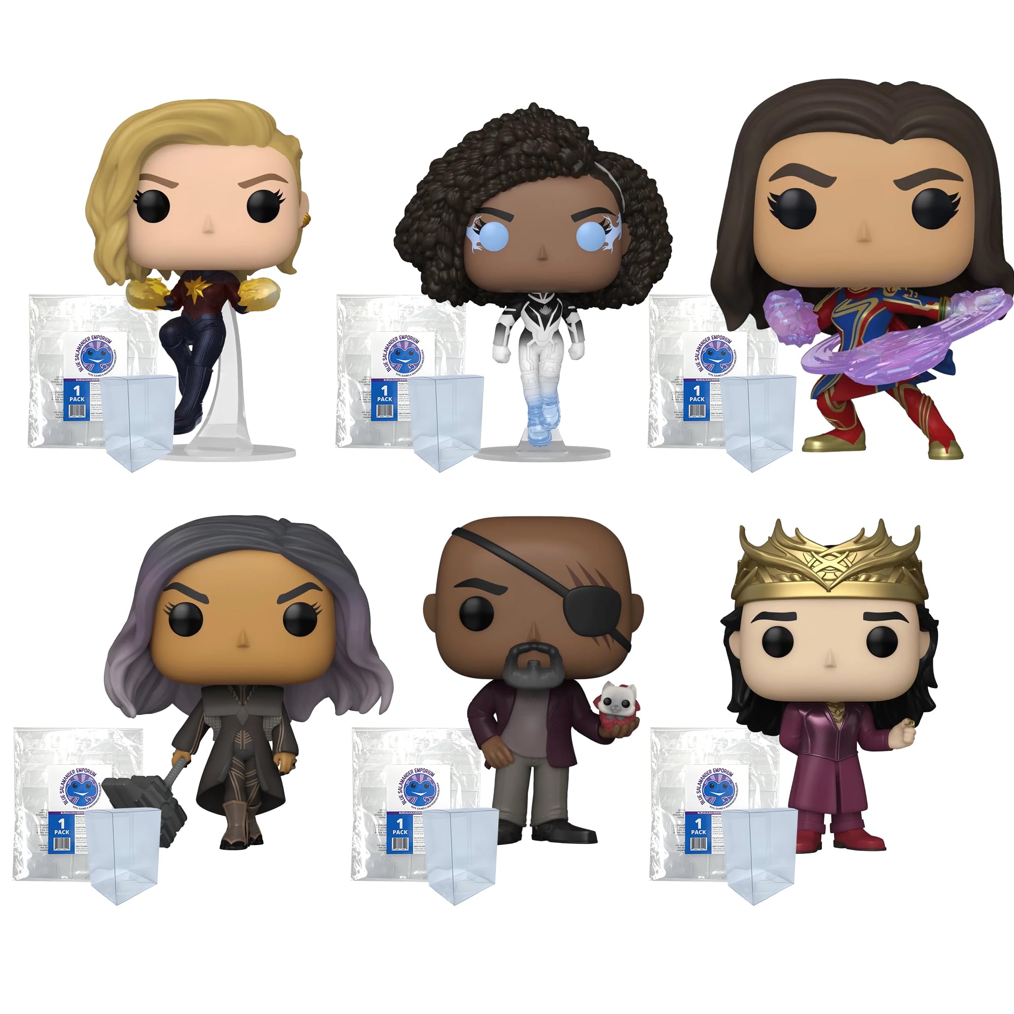 The Marvels Set of 6: Captain Marvel, Photon, Ms. Marvel, DAR-Benn, Nick Fury, Prince Yan Vinyl Figures Bundled with Blue Salamander Emporium Plastic Protector Cases