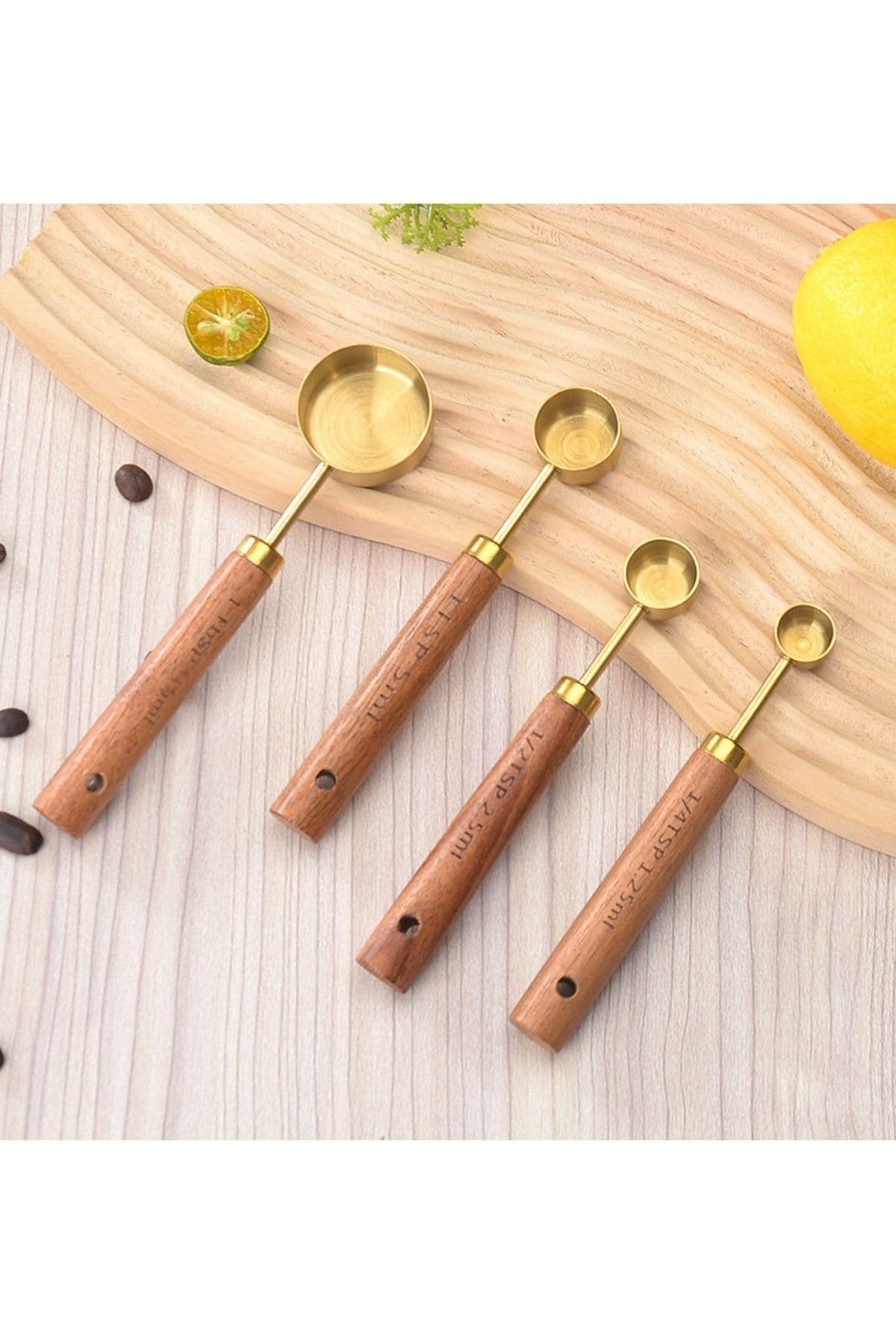 ARVALE Ahşap Saplı Pirinç Ölçü Kaşığı Seti – 4’lü Paslanmaz Kahve ve Baharat Kaşığı