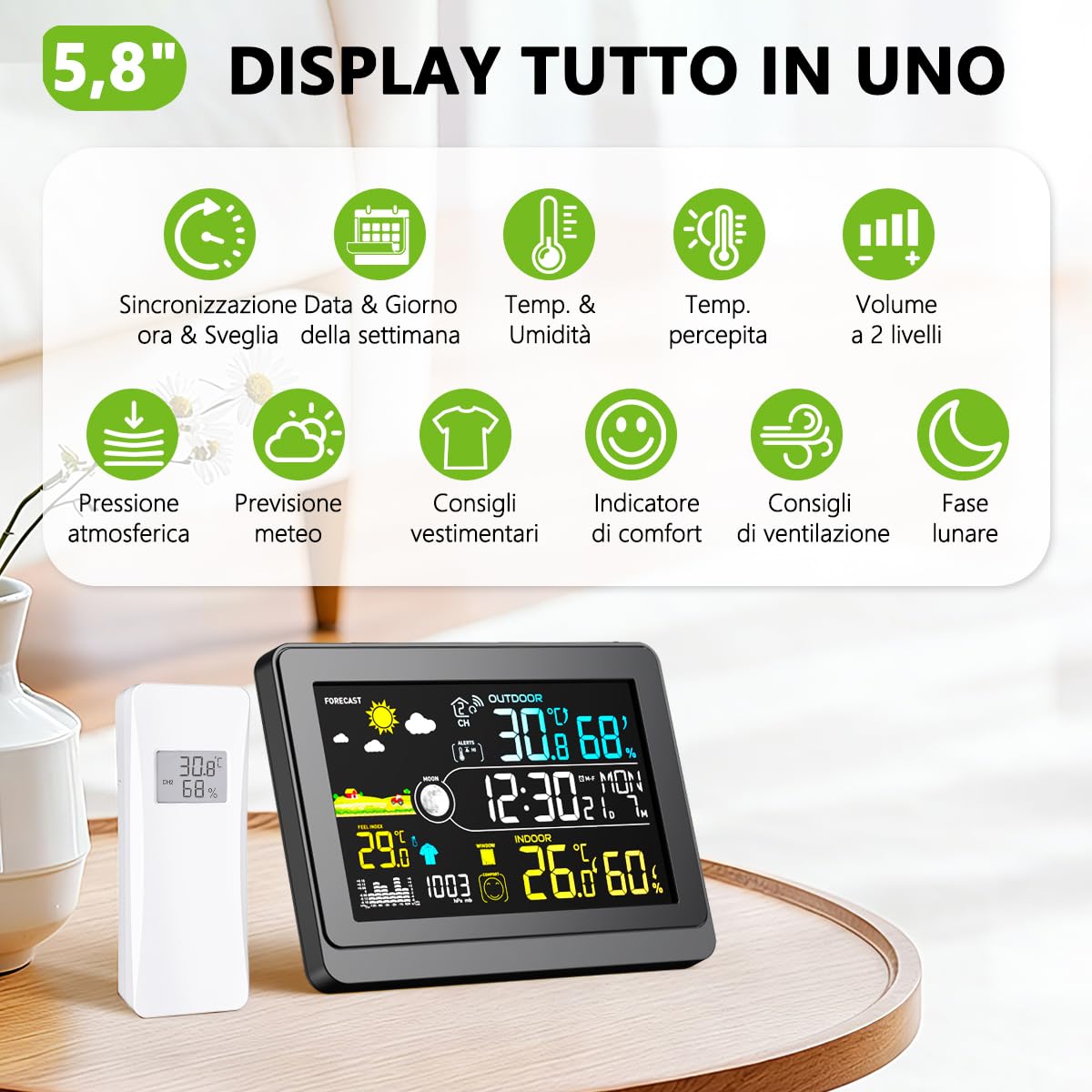 Uzoli E0622 Stazione meteo wireless con sensore esterno, orologio DCF