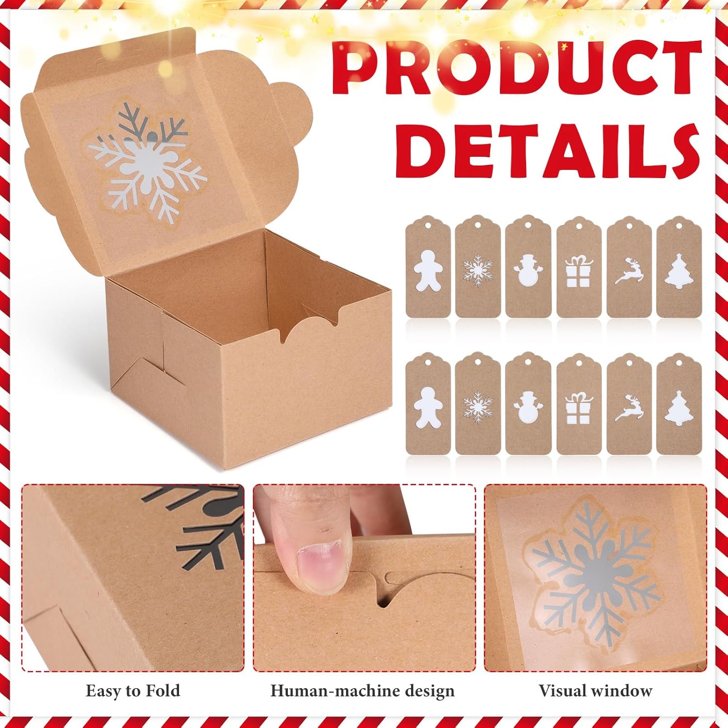 Zhanmai 50 Set Christmas Cookie Boxes with Window 4 x 4 x 2.5 Inches Brown Kraft Treat Boxes Small Xmas Bakery Cupcake Boxes Square Holiday Gift Box for Xmas Party Favor Pastries, Brownies, Donuts - Image 3