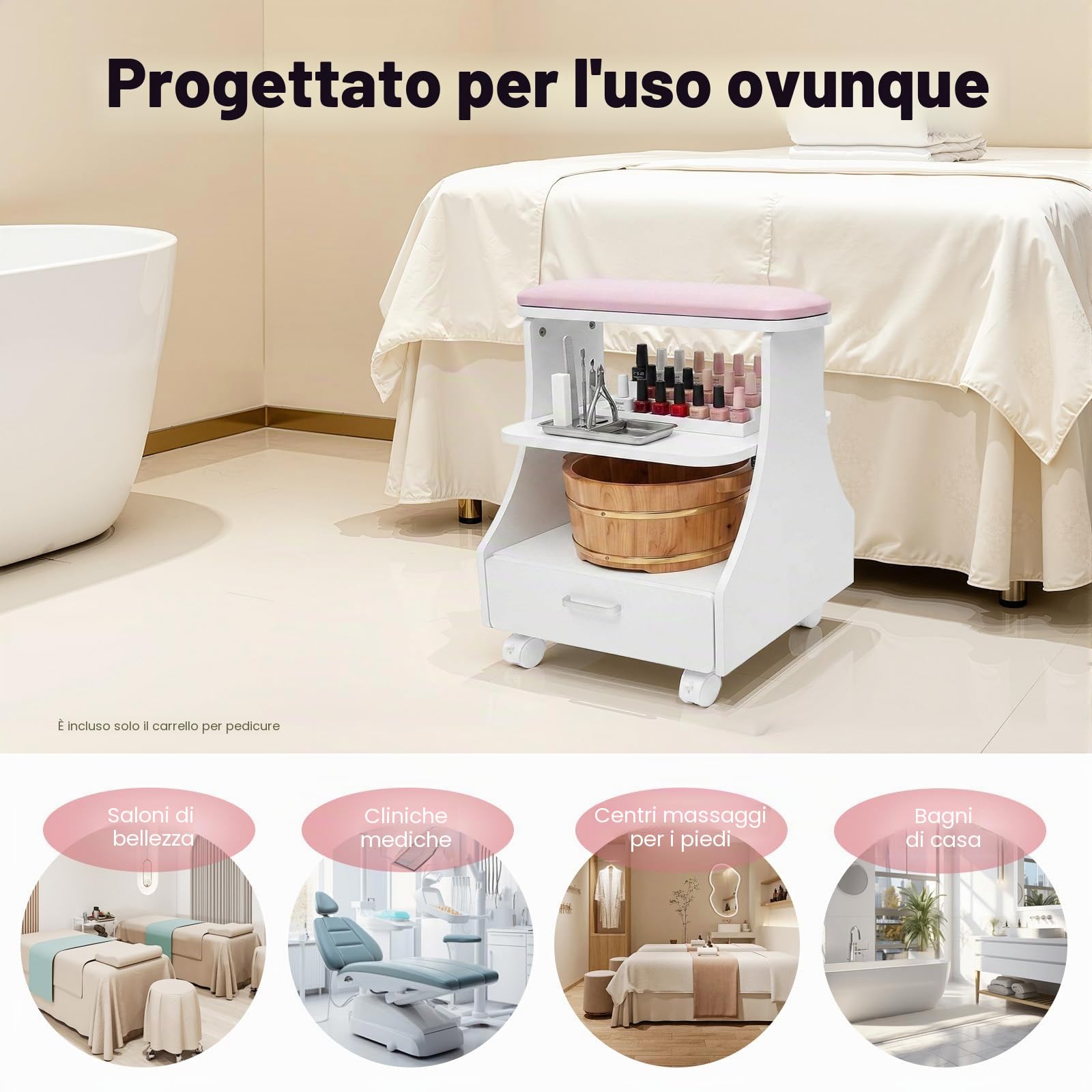 Carrello per manicure a 3 livelli per pediluvi con cassetti e 4 ruote universali, carrello per manicure con capacità di carico di 50 kg, per massaggi pedicure, 52 x 41 x 55 cm, colore