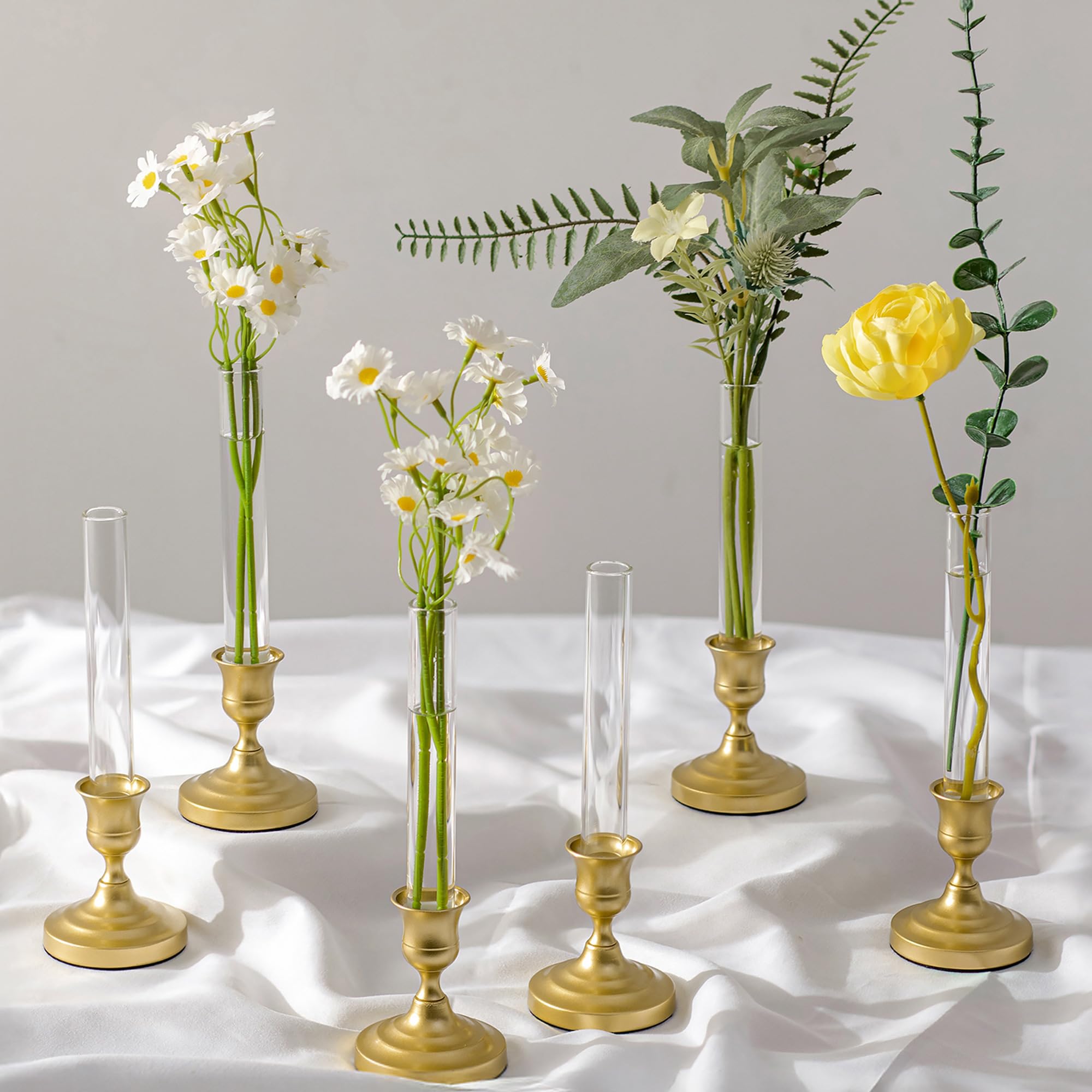 Inweder Bud Vases with Candlestick Holders: 6 Pcs Clear Glass Vases with Silicon Sleeve for 2.2cm Taper Candle Holders -Small Flower Vase for Wedding Birthday Party Table Centrepieces