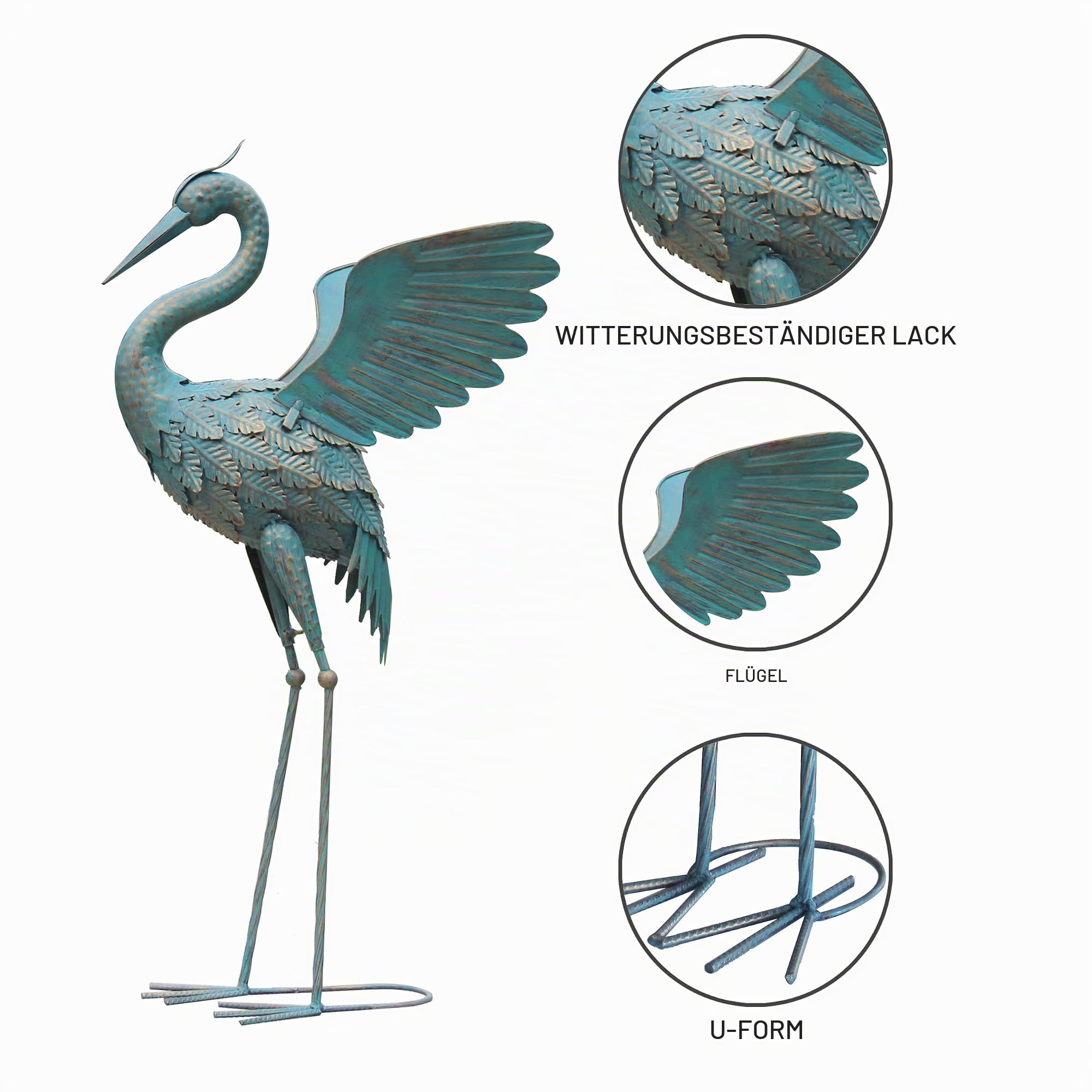 Kranich-Gartenstatue aus Metall, Vogel-Gartenfigur und Statue, Außendekoration für Hof, Terrasse, Rasen, Garten oder Pool, Vintage-Kranich mit ausgebreiteten Flügeln, 84–94 cm, 2er-Set