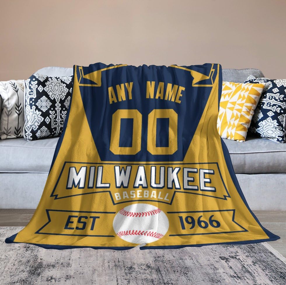 Ship Next Day Milwaukee Custom Baseball City Throw Blanket Personalized Name Number for Men Women Youth Kids Oversized Soft Flannel Blanket Decorative