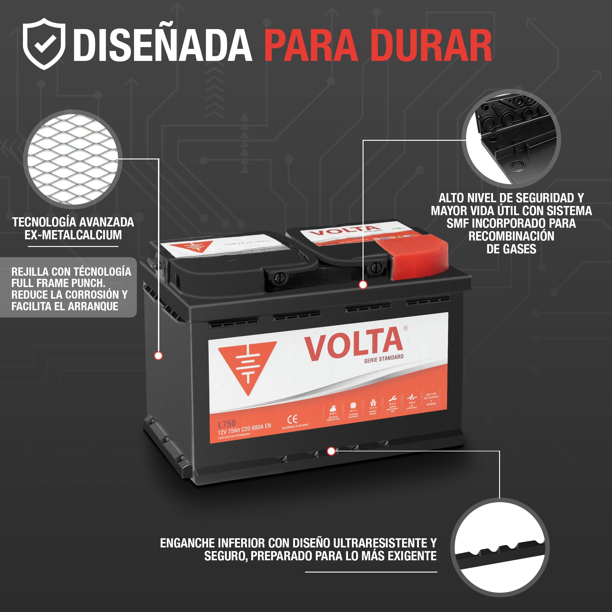 Bateria de Coche 75Ah 680A - Volta L750D - Borne +Dcha - Medidas Largo 278 x Ancho 175 x Alto 190 mm con 2 años de Garantía - Fabricación Europea.