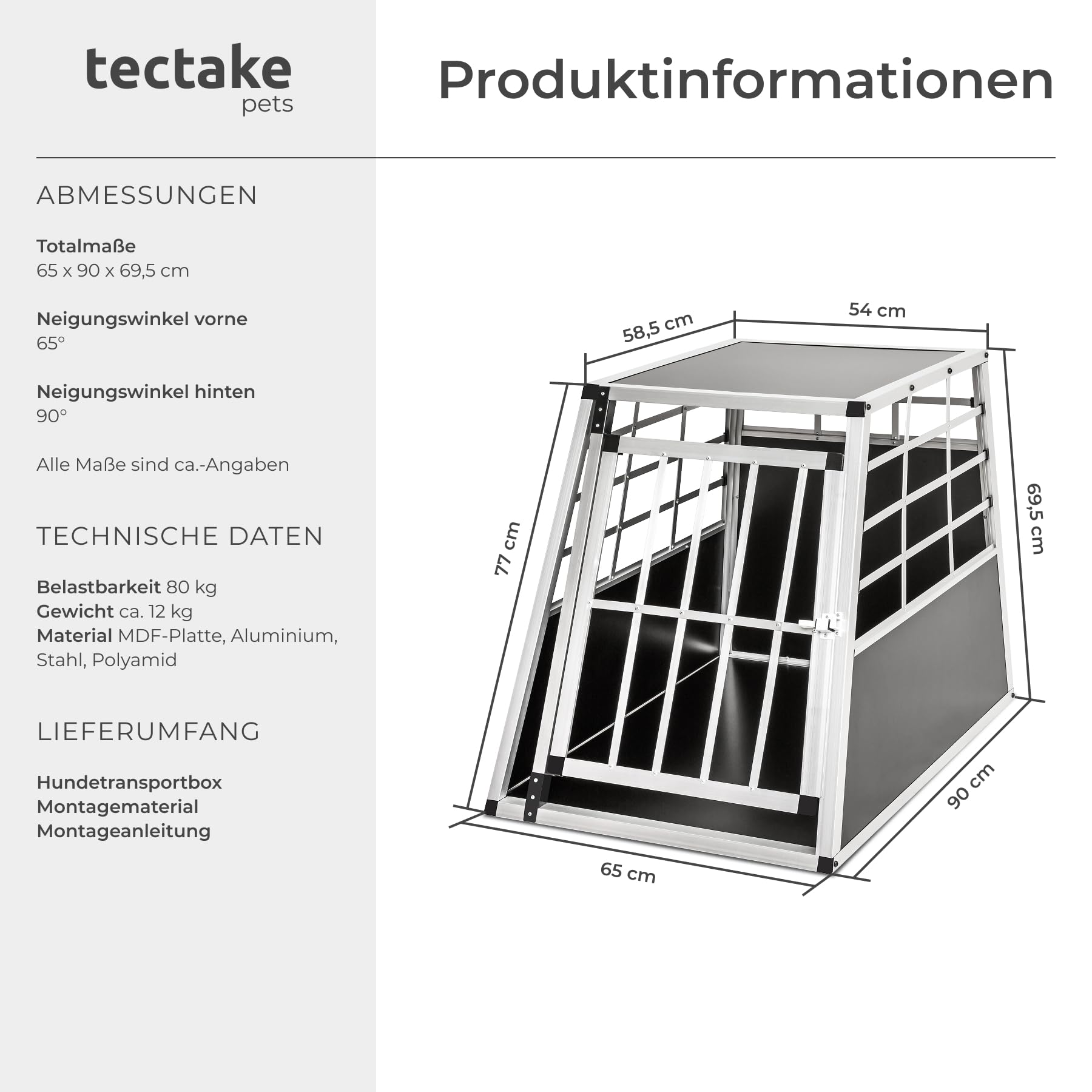 tectake® Hundebox Auto oder Hundebox für Zuhause, Aluminium Hundetransportbox, leicht und stabil, Auto Kofferraum Transportbox für Hunde - 65 x 90 x 69,5cm (Single Groß)