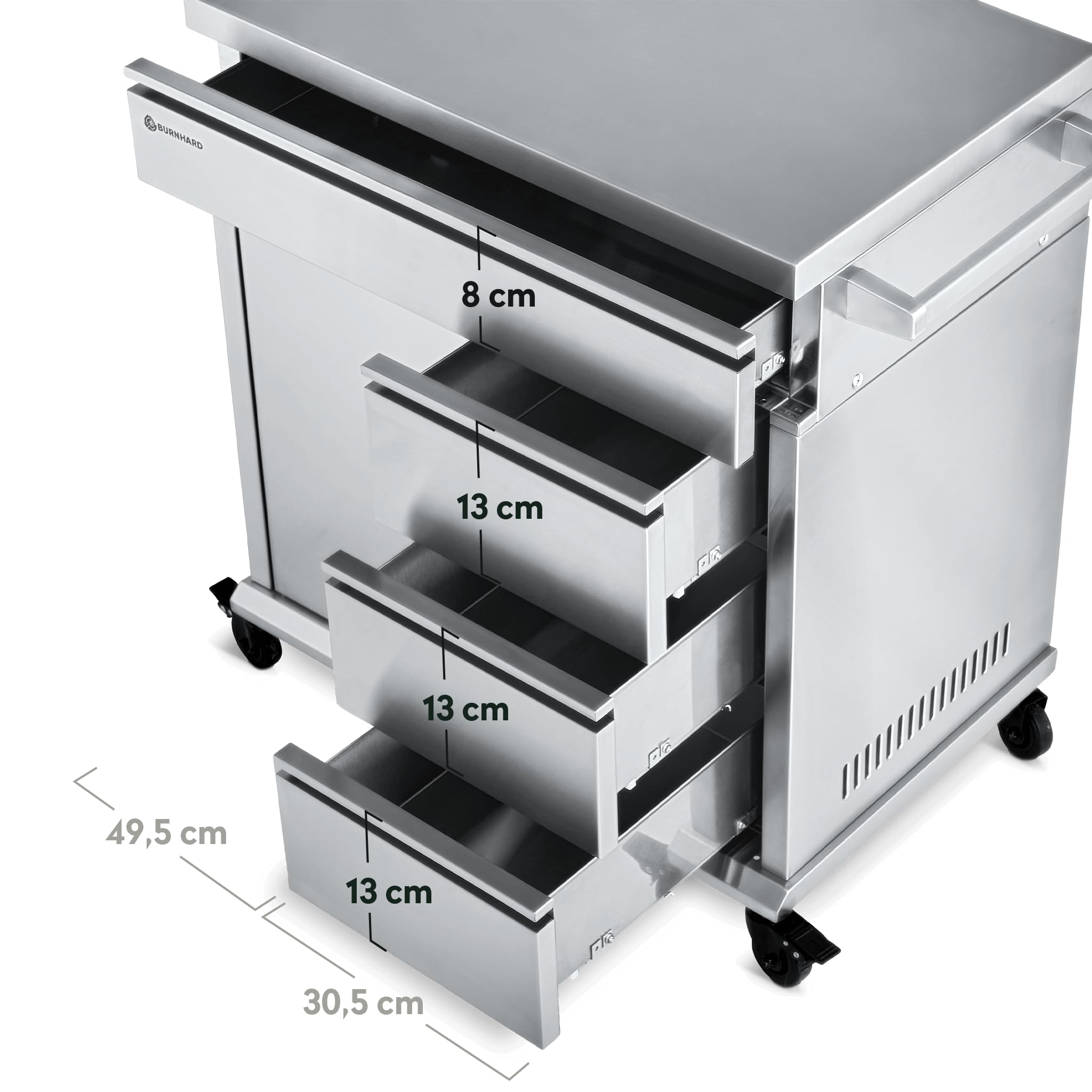 BURNHARD® Grill Beistellwagen mit Edelstahl-Arbeitsfläche, Grilltisch, 4 Soft-Close Schubladen, Vollgummi-Rollen – kompatibel mit Earl & FRED Gasgrills