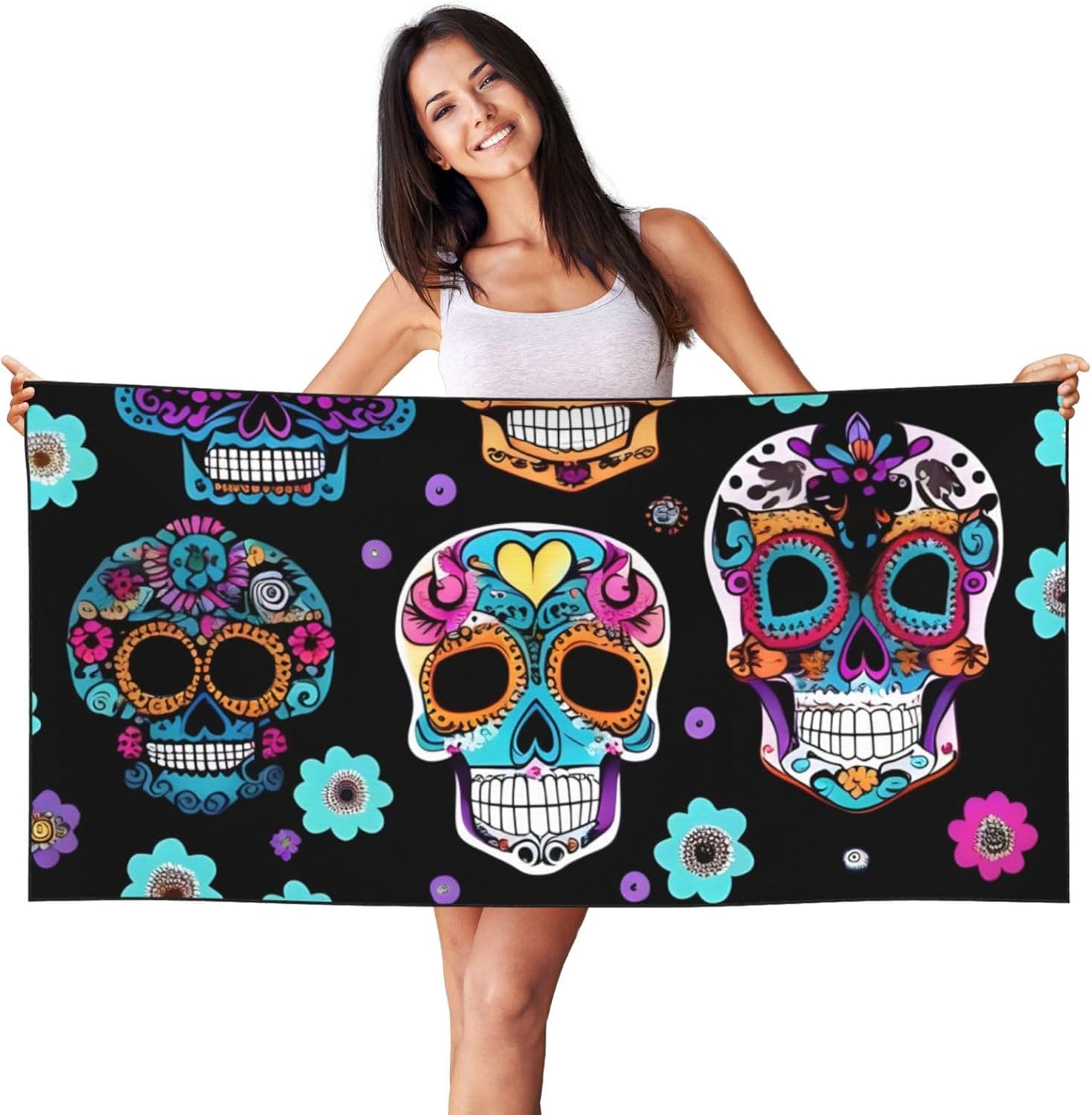 Peach Skin Velvet Quick Dry Lightweight Sugar Skull Print Beach Towel for Beach,Bath,Pool,Gym,Yoga