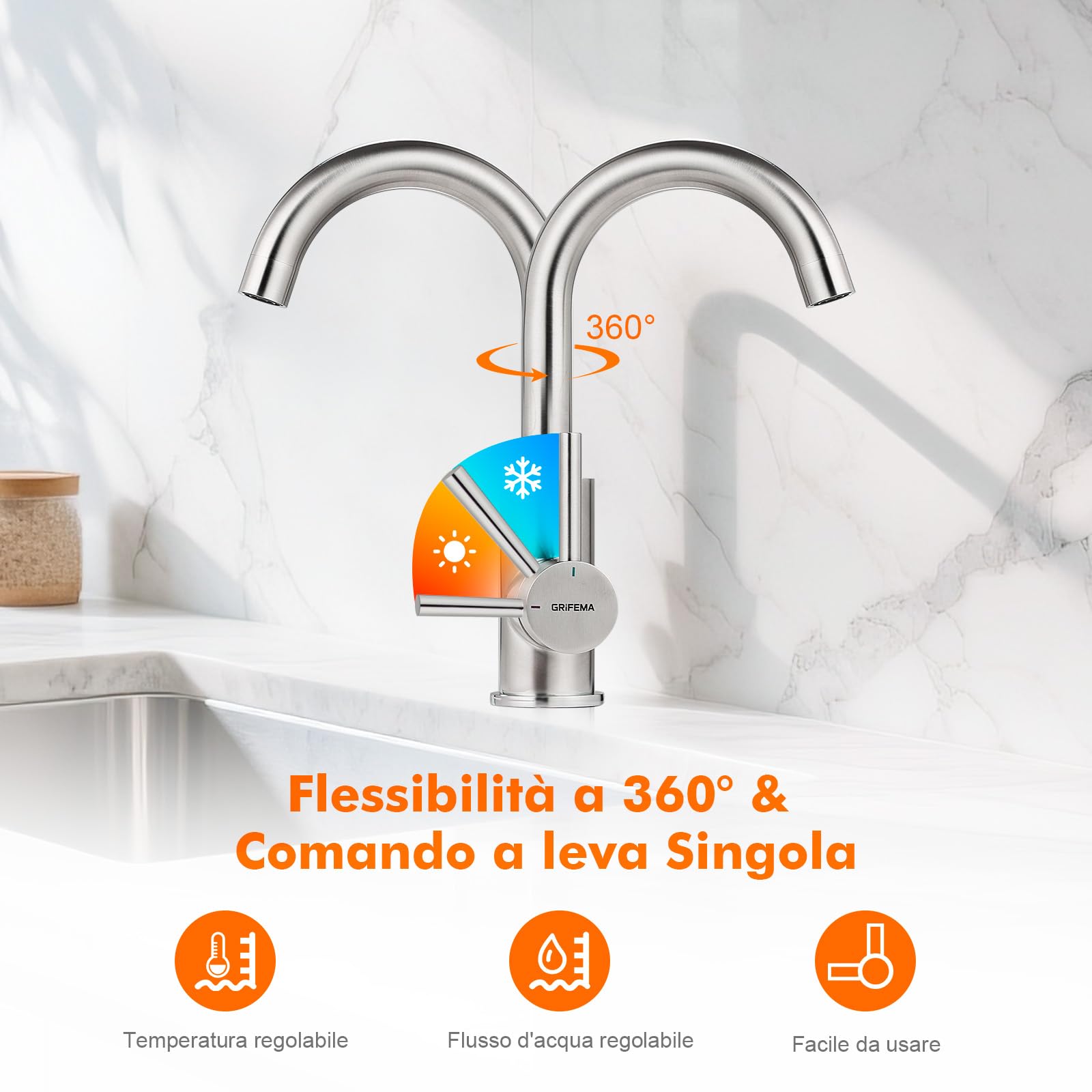 GRIFEMA Miscelatore Lavabo Bagno Alto Grigio Opaco, Rubinetto Girevole a 360° in Ottone, Monocomando Moderno Antracite per Lavandino, Bocca Alta 180mm, Design Anti-corrosione, Attacco G3/8, G1002A