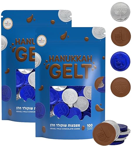 Miniatura 12 de The Dreidel Company Paquete de 50 monedas de chocolate con leche azul y plateado para Janucá, con diseño de dreidel y menorá, sin OGM, certificado