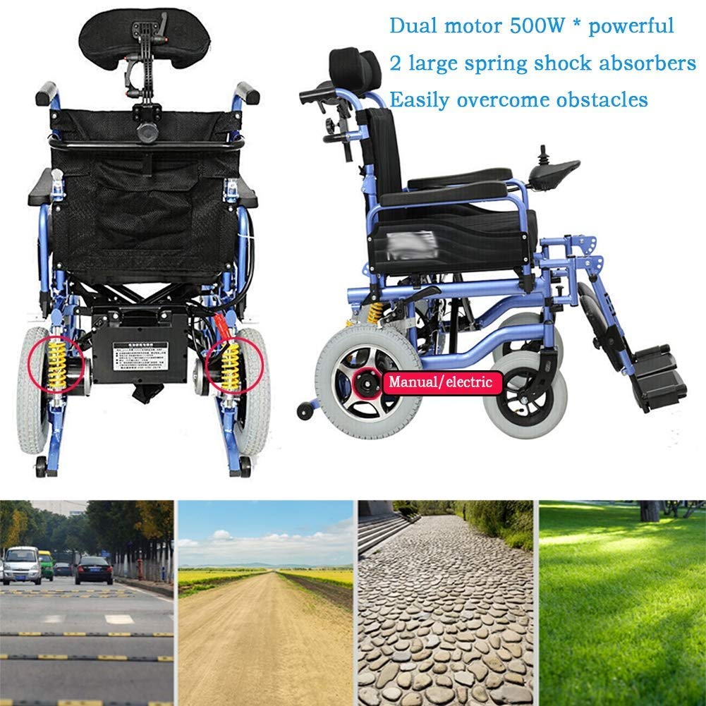 Sedie a rotelle Leggere Pieghevoli elettriche con poggiatesta, Carrozzina Portatile Pieghevole per Tutti i Terreni, Larghezza del Sedile 45 cm, 360 ° Joystick, Batteria agli ioni d