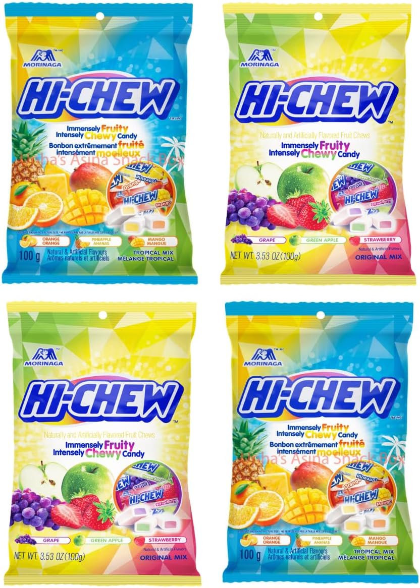 Hi Chew Candy Variety Pack - 4 Different New Assorted Flavors Fantasy Mix, Original Mix, Tropical Mix Sweet and Sour Flavor, Japanese Candy Pack of 4