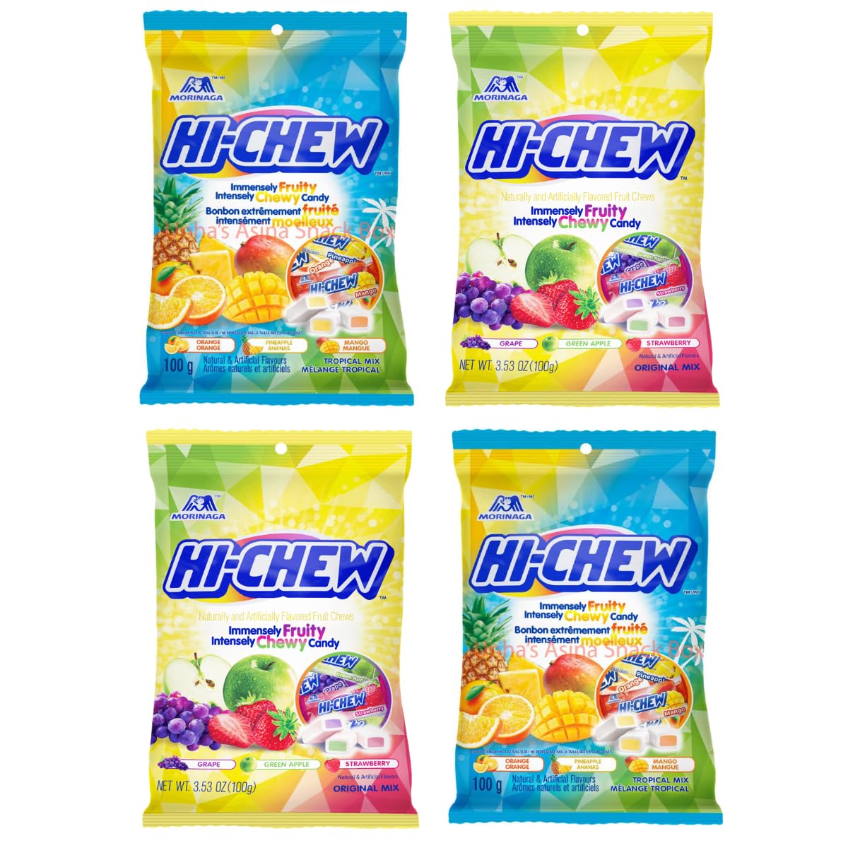 Hi Chew Candy Variety Pack - 4 Different New Assorted Flavors Fantasy Mix, Original Mix, Tropical Mix Sweet and Sour Flavor, Japanese Candy Pack of 4