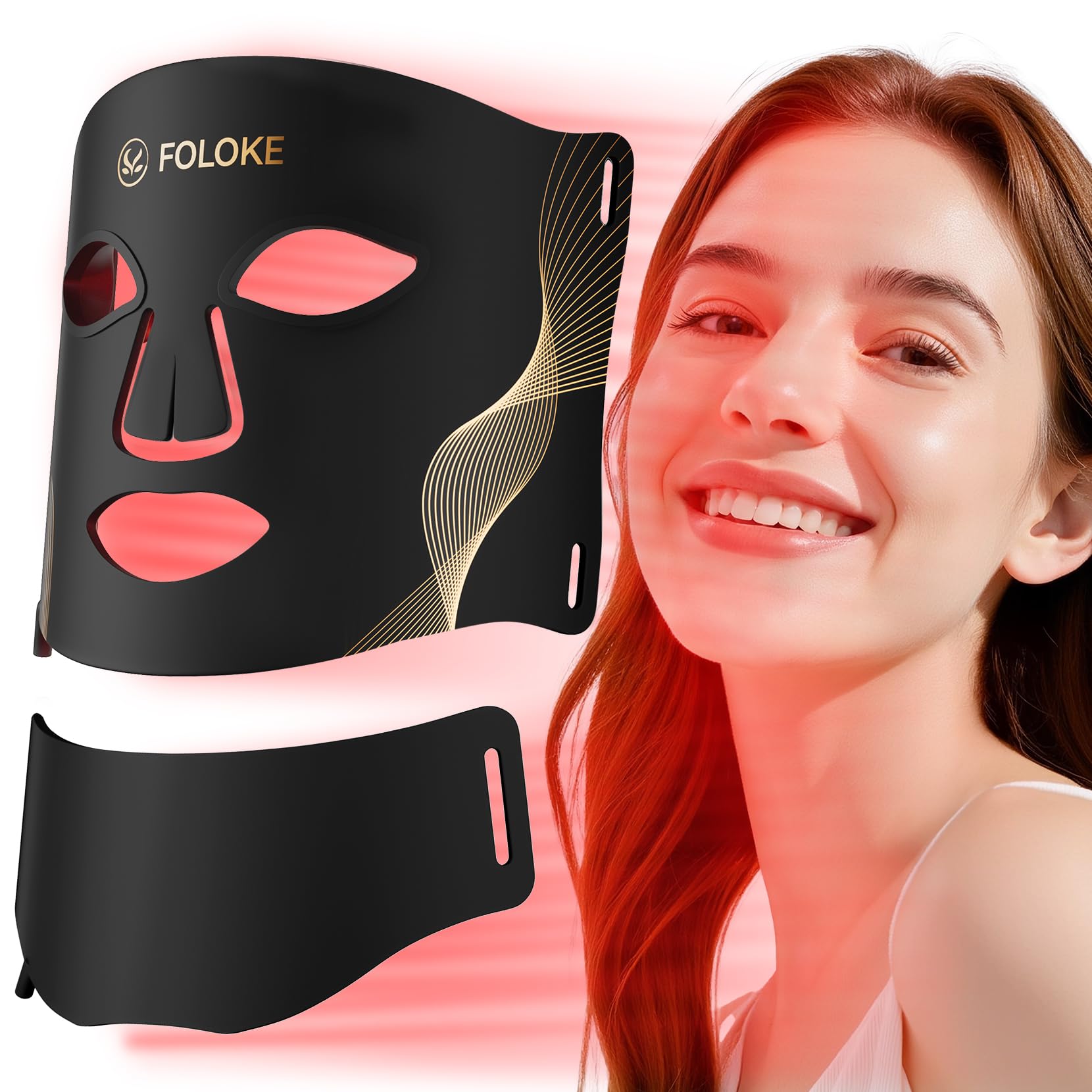 FOLOKE Máscara de Terapia con Luz LED para Cuidado de la Piel, Máscara LED para cara y cuello, Rojo - Longitud de onda para uso en el hogar, – Cuidado avanzado de la piel hecho fácil | Diseño cómodo y ligero, adecuado para casa, viajes y uso diario. Fácil