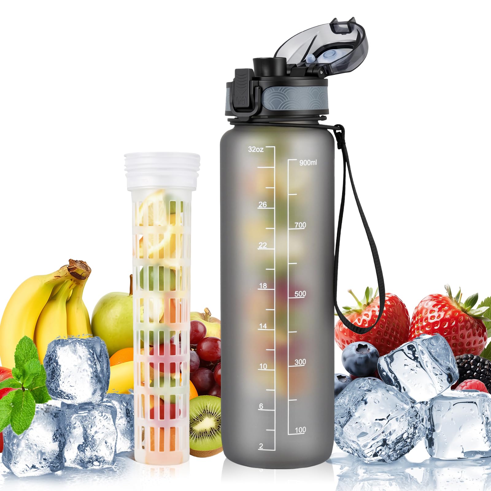 UTEBIT 32oz Water Bottle with Fruit Infuser, 1L with Time Markings Sports Water Bottle BPA-Free, Leakproof Design for Outdoors, Camping, Gym, School, Office（Grey）