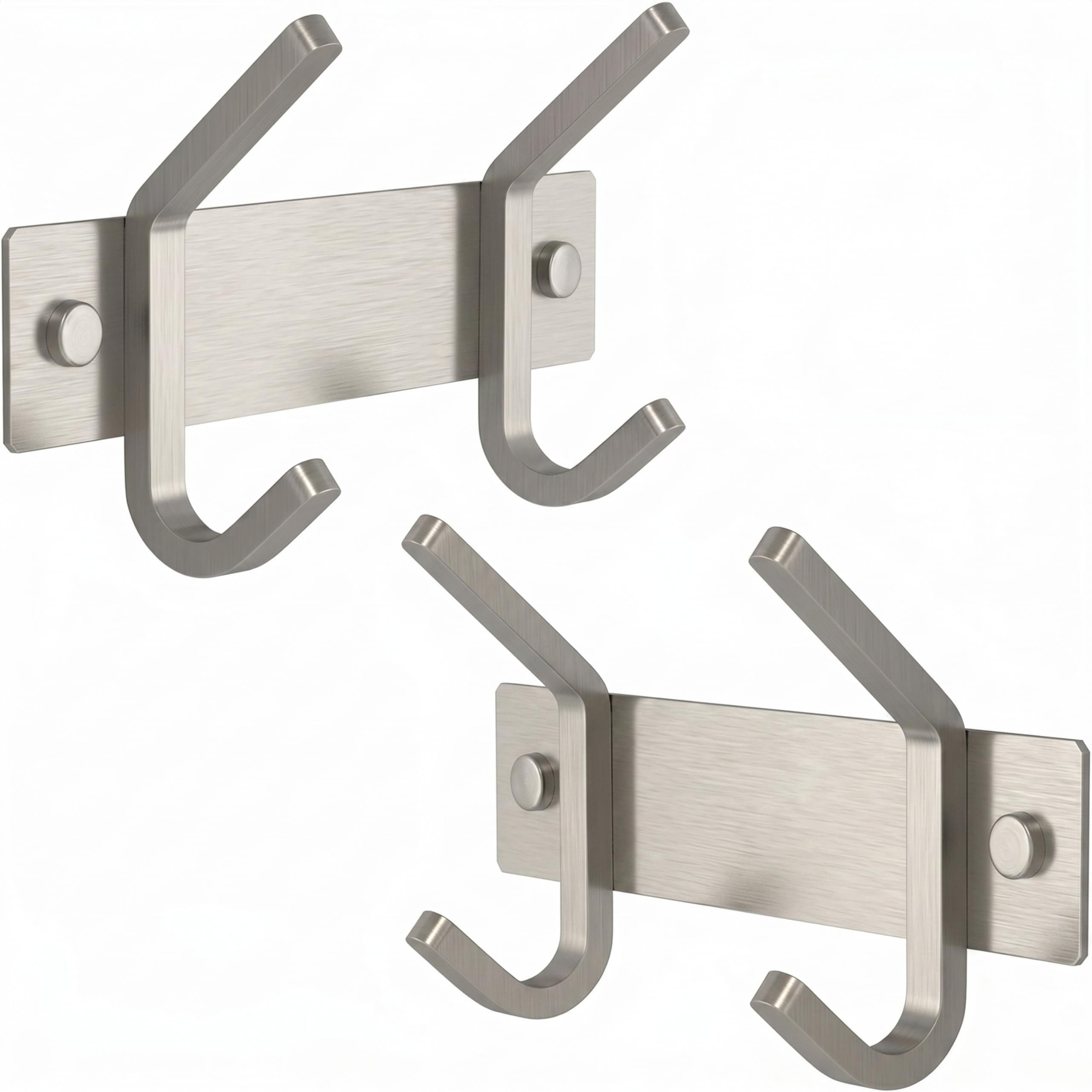Small Coat Rack Wall Mount – Brushed Nickel 6 Inch Stainless Steel Hook Rail with 2 Heavy Duty Double Coat Hooks – Wall Mounted Coat Hanger for Entryway, Bathroom, Bedroom, Hat Organizer - 2 Pack