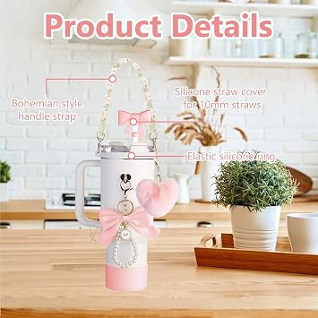 10 PCS Purple Cup Accessories for Stanley Cup Including Handle Strap Bottle Cover Silicone Straw Cover Boot Butterfly Pearl Keychain Lipstick Set Stanley-Charms for Stanley Cup 40 oz/30 oz (Pink)