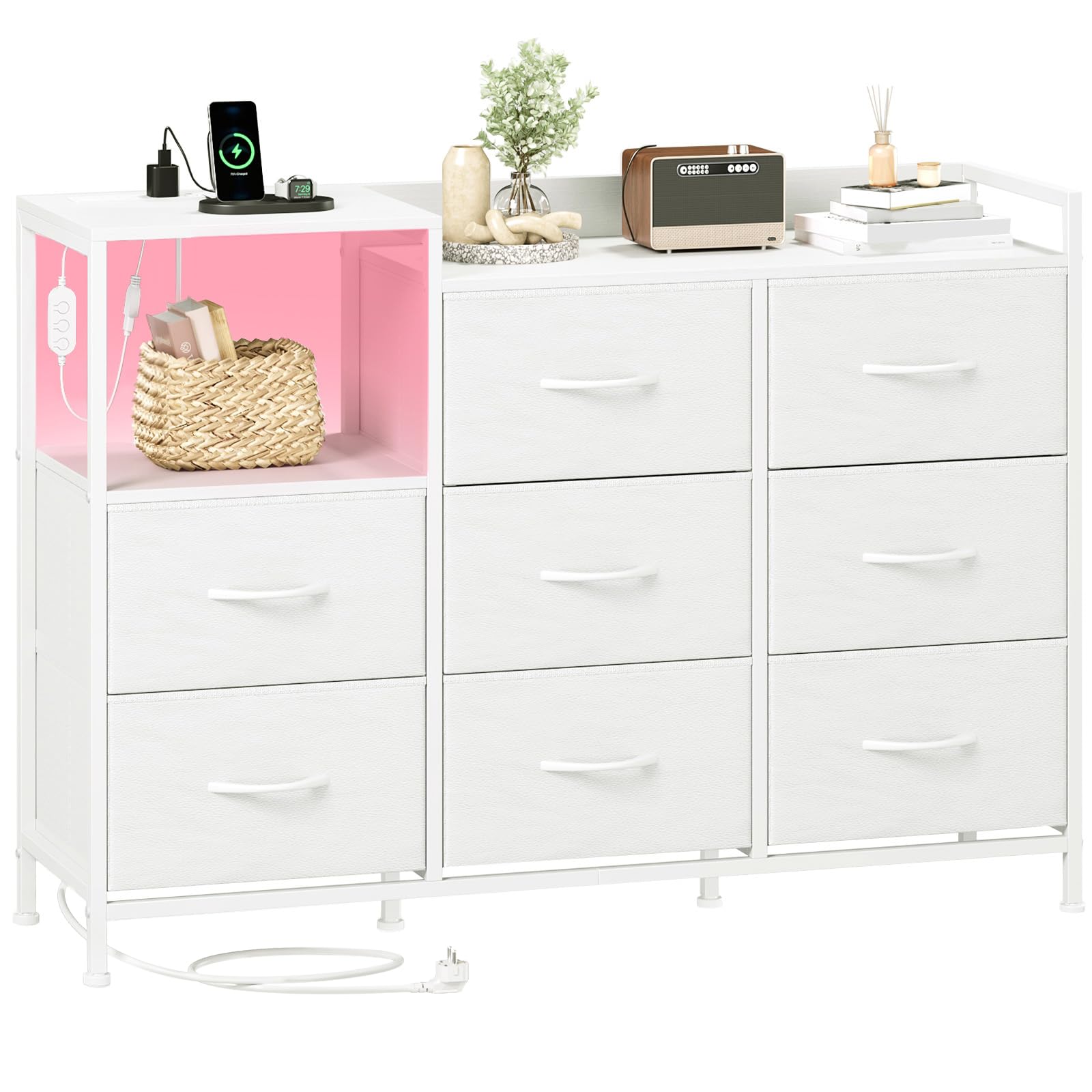 Somdot Kommode Schlafzimmer Wohnzimmer Flur mit Schubladen, Komodenschrank mit LED und Steckdosenleiste (2 AC-Steckdosen, 1USB, 1Type-C), 8 Stoffschubladen, Weiß, 29T x 99B x 70,5H cm
