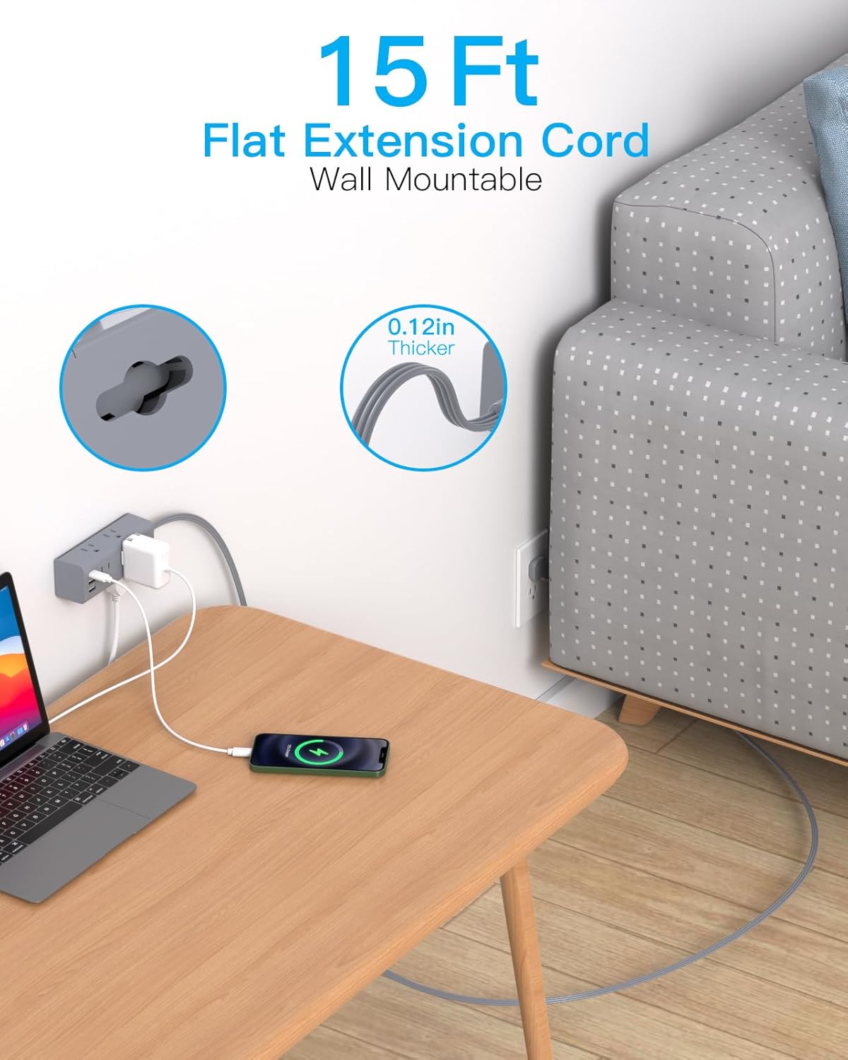 15ft extension cord with multiple outlets, flat plug power strip surge protector with 15 ft long cord, 6 outlet 3 usb ports (1 usb c), multi outlet wall plug for travel, college, dorm essentials-grey grey 15ft (flat cord)