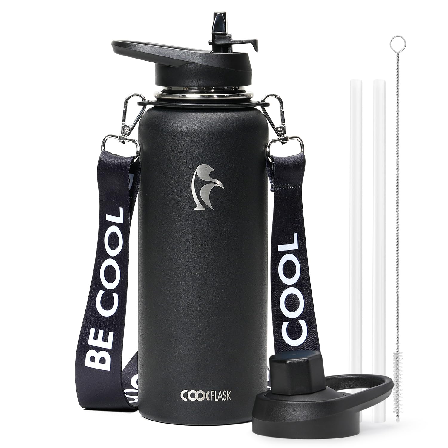 Coolflask 40 oz Water Bottle with Strap, Insulated Metal Water Flask with Straw & Spout Lids, Stainless Steel Double Wall Vacuum, Keep Cold 48h Hot