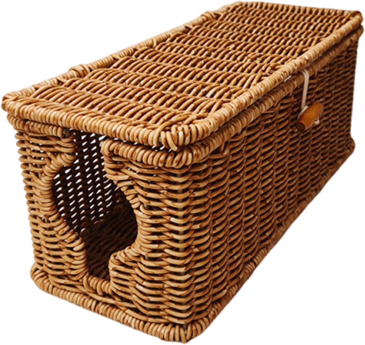 Cord Organizer Cable Management Box with Lid, Desktop USB Hub Storage Drawer for PC Desk, Bedroom Home Organization, Imitation Rattan- 32cmx13cmx13cm