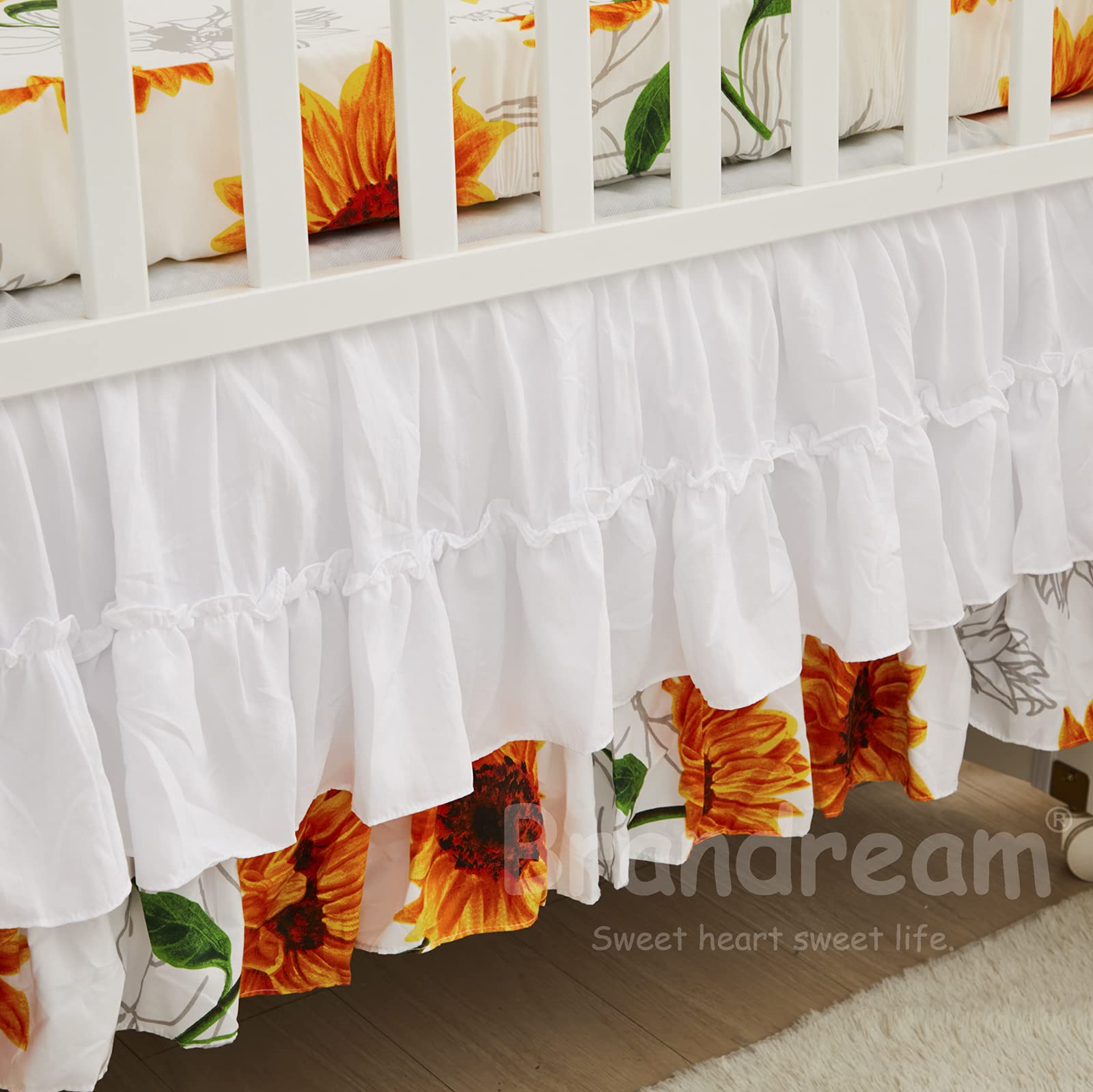 Brandream Ropa de cama para guardería, ropa de cama floral para bebé, color amarillo y blanco, juego de manta para cuna, girasol, sábana bajera bohemia, 6 piezas