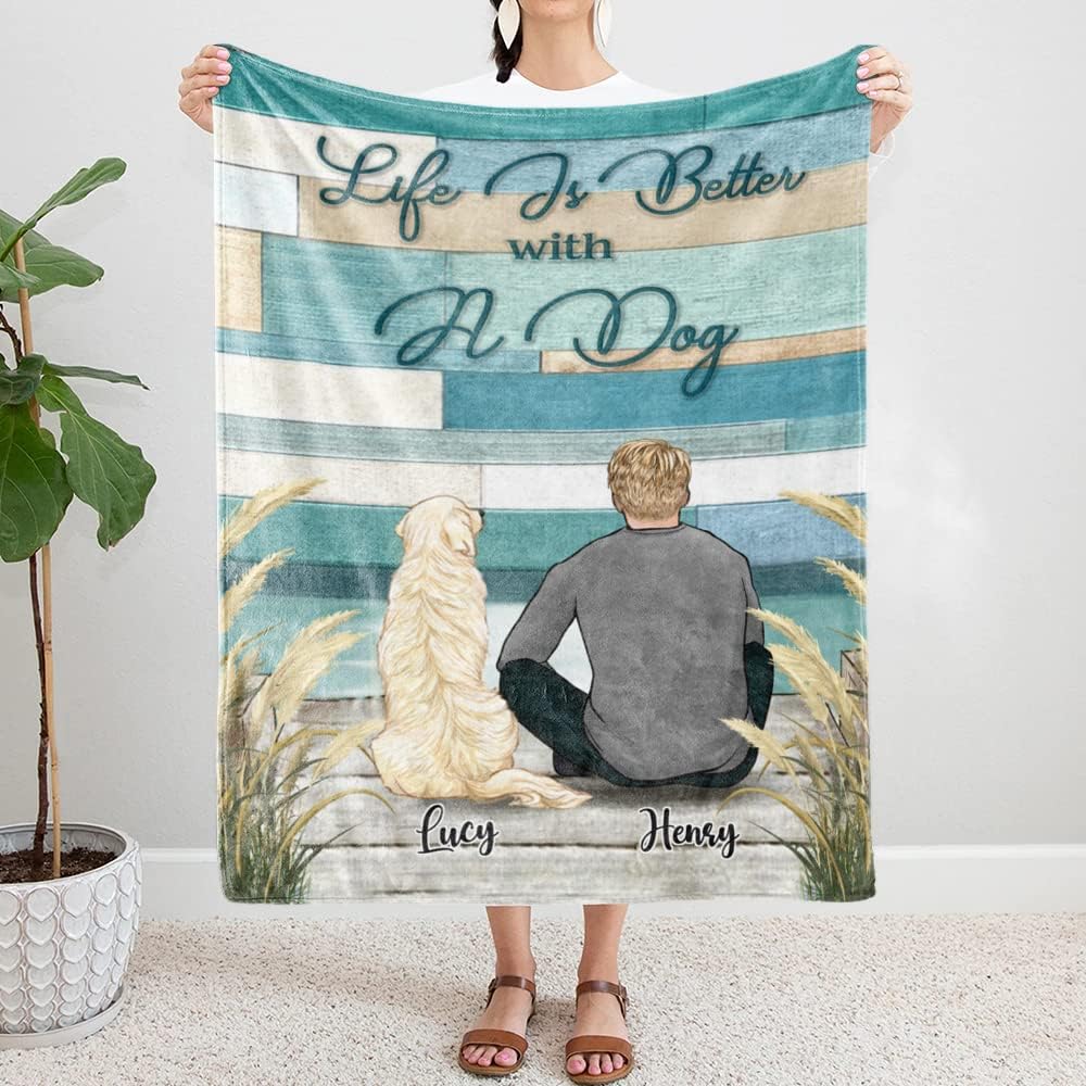 Gossby Personalized Dog Dad Fleece Blanket - Life is Better with Dog - Custom Gift for Dog Lovers Men with Design, Name, Dog Breed - Birthday, Christmas, Fathers Day Dog Dad Gift - Man and His Dog