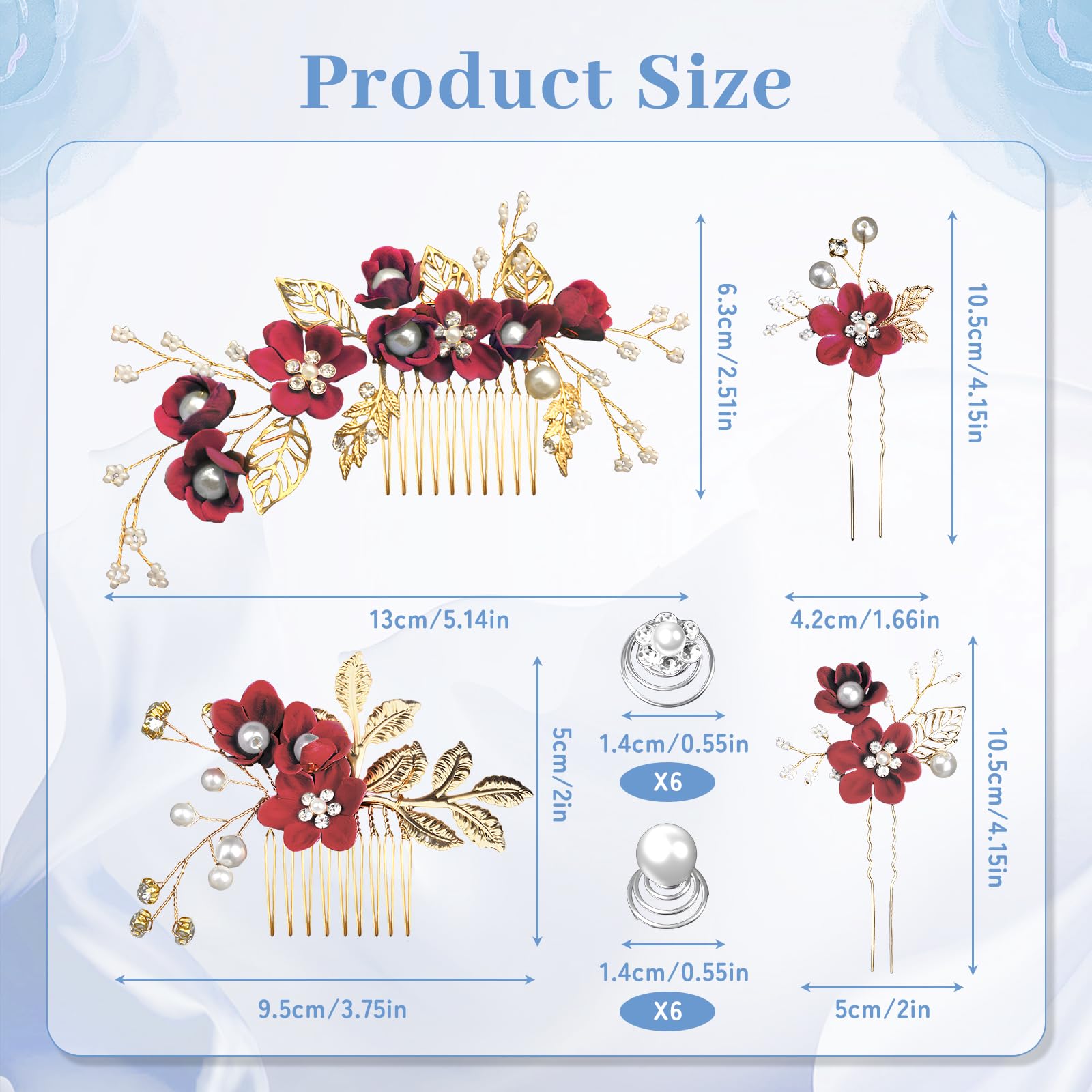16PCS Burgundy Hair Accessories, Flower Bridal Hair Comb & U-Shaped Pins & Spiral Twist Pearl Hair Decorations - Image 2