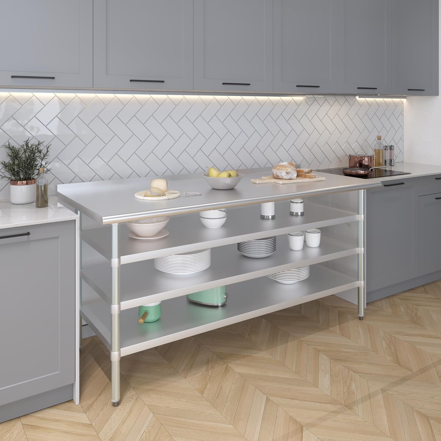 AmGood Stainless Steel Work Table with 1.5" Backsplash and 3 Shelves | Metal Kitchen Food Prep Table | NSF (72" Long x 30" Deep)