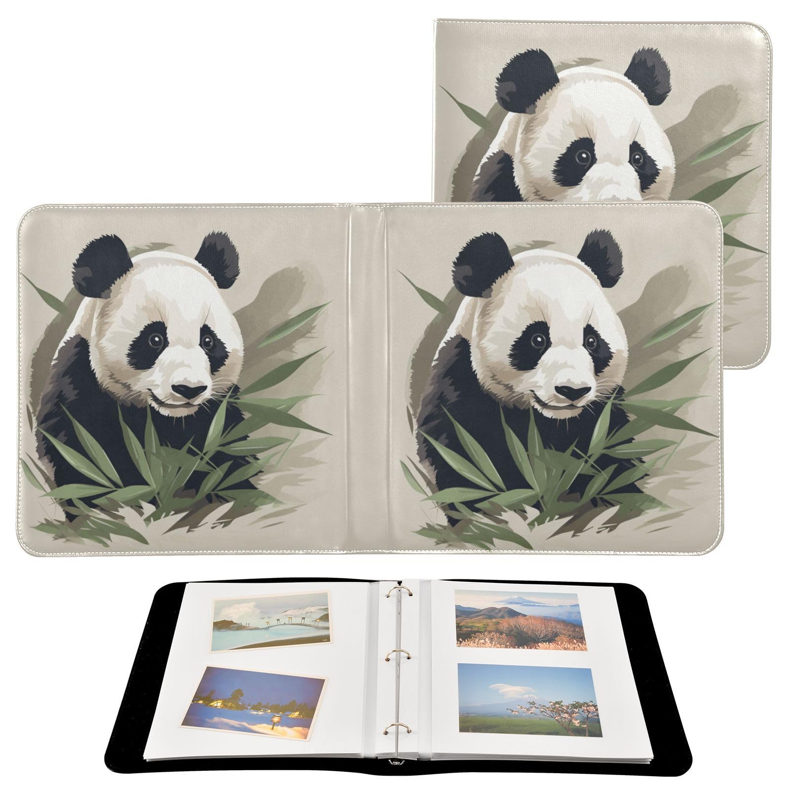 JIPONI Panda Eat Leaves Large Photo Album, DIY Leather Cover Scrapbook Albums for 4x6 5x7 6x8 Pictures, Self Adhesive Memory Book for Wedding, Baby, Family