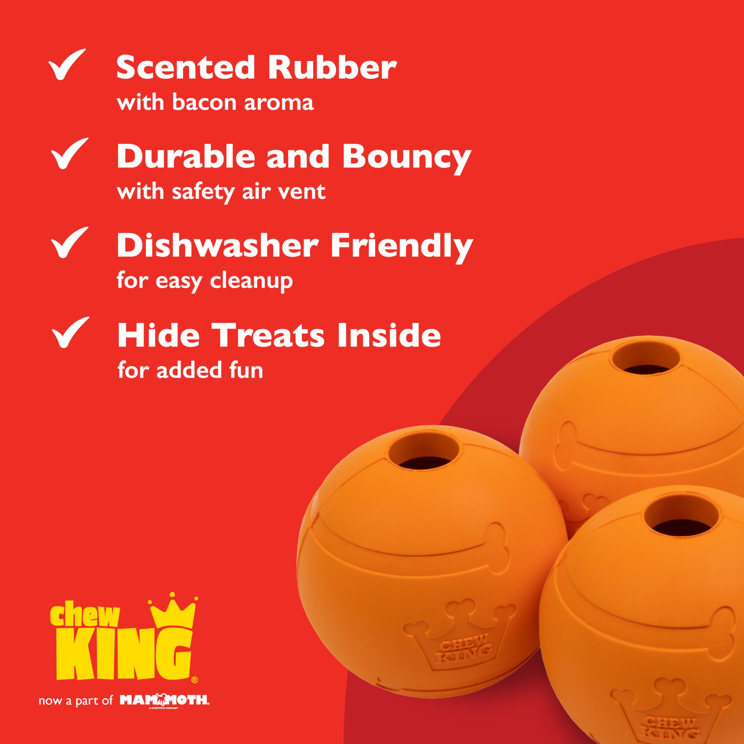 Chew King Palline di gomma per cani da 6,5 pollici con sapore di pancetta da 3 pezzi di razze grandi