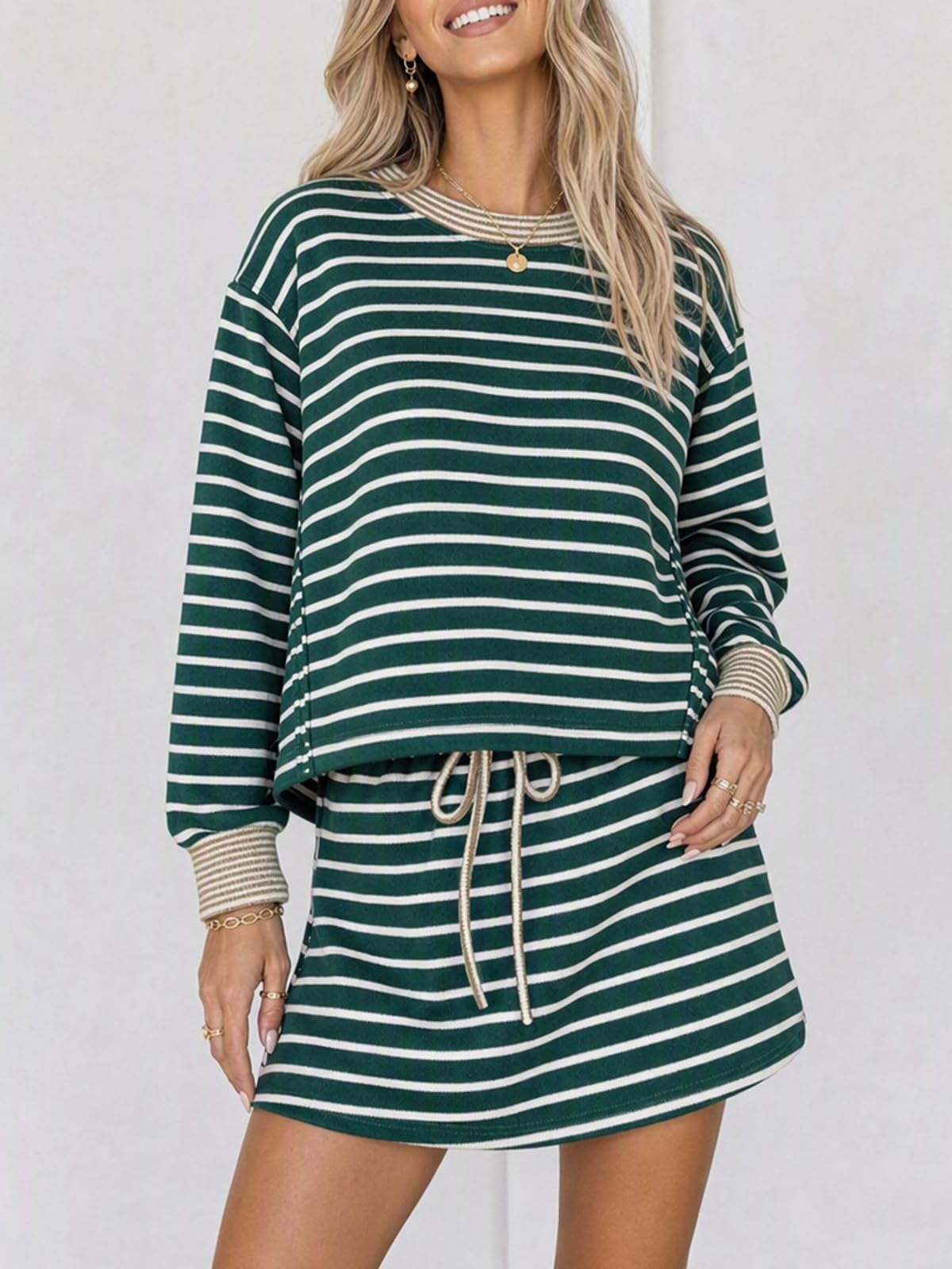 Fisoew 2-teiliges Damen-Outfit, gestreift, langärmelig, bauchfreies